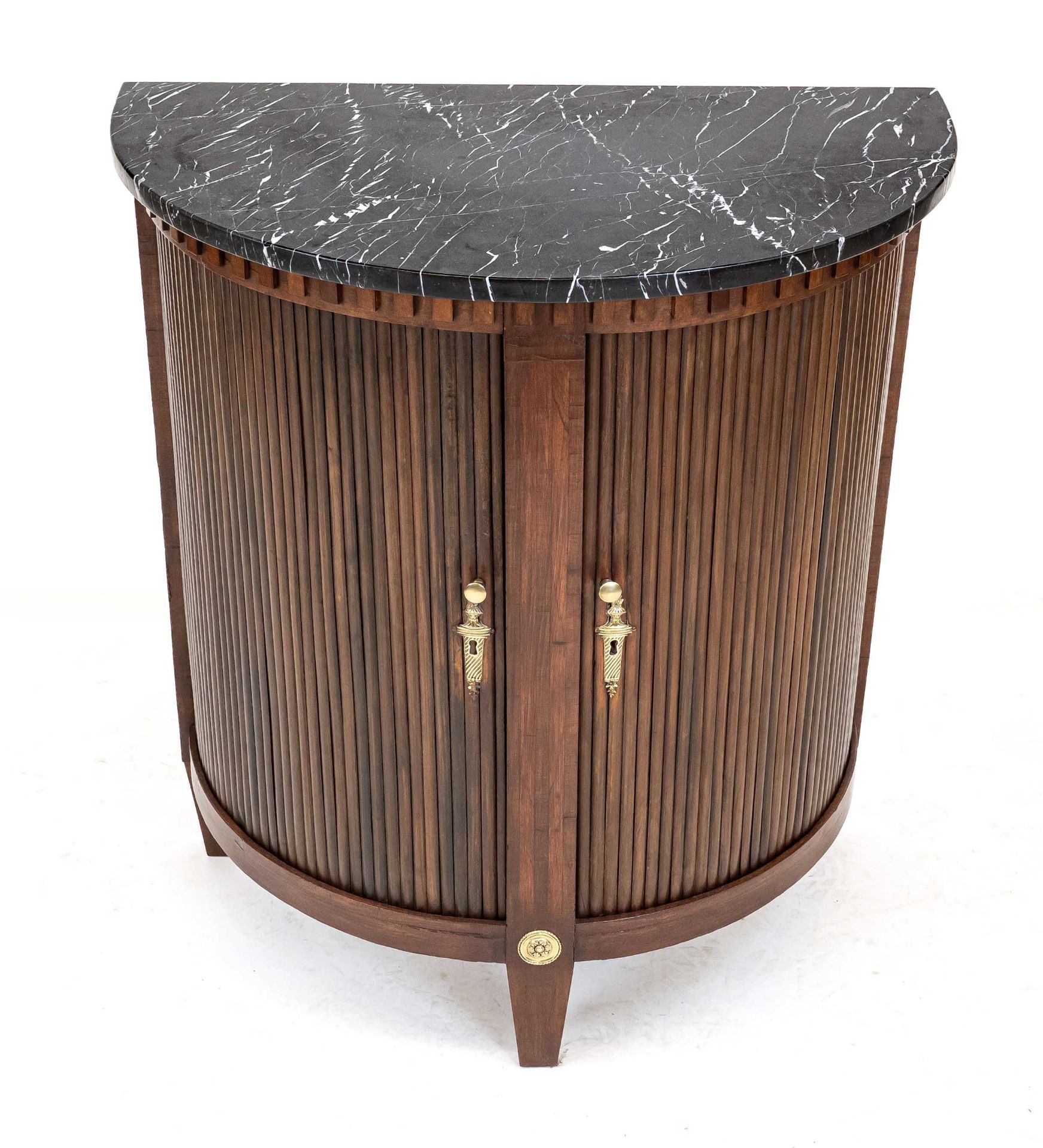 Demi-lune console cabinet, 19th c., mahogany, lamella doors, black marble top, 85 x 76 x 47 cm.