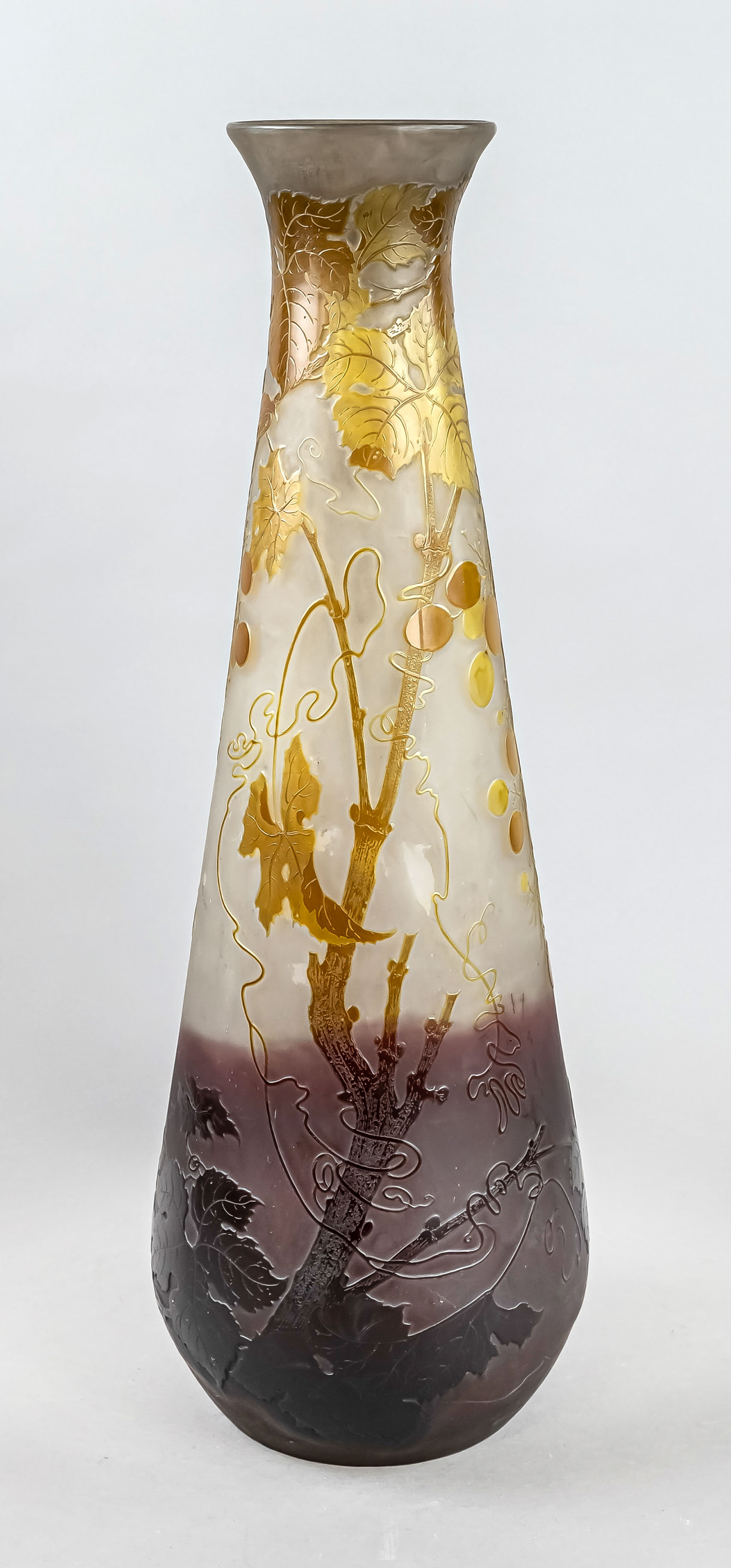 Very large vase, France, early 20th c., Émile Gallé, Nancy, club-shaped, clear and burgundy glass,