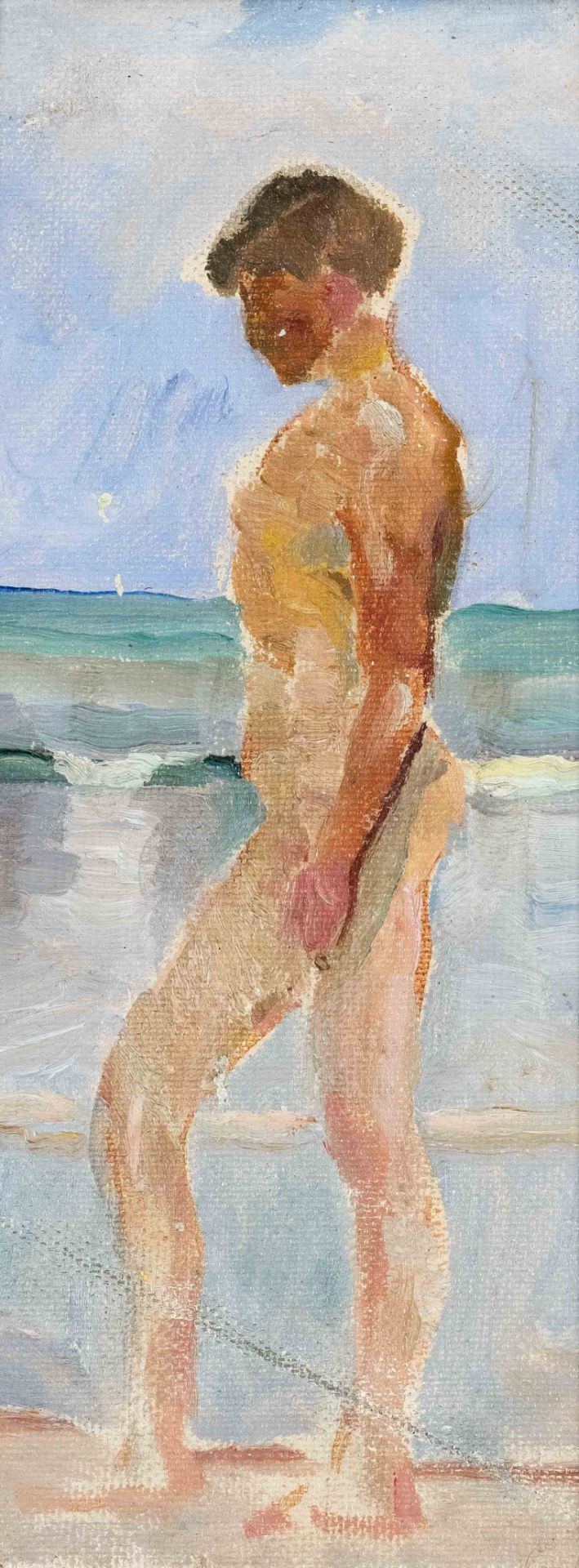 Focke, Wilhelm H. 1878 - Bremen - 1974. male nude at the beach. 1908. oil/hard fiber, unsigned, 30 x