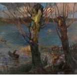 Focke, Wilhelm H. 1878 - Bremen - 1974. rider on the shore with head willows. Oil/canvas on