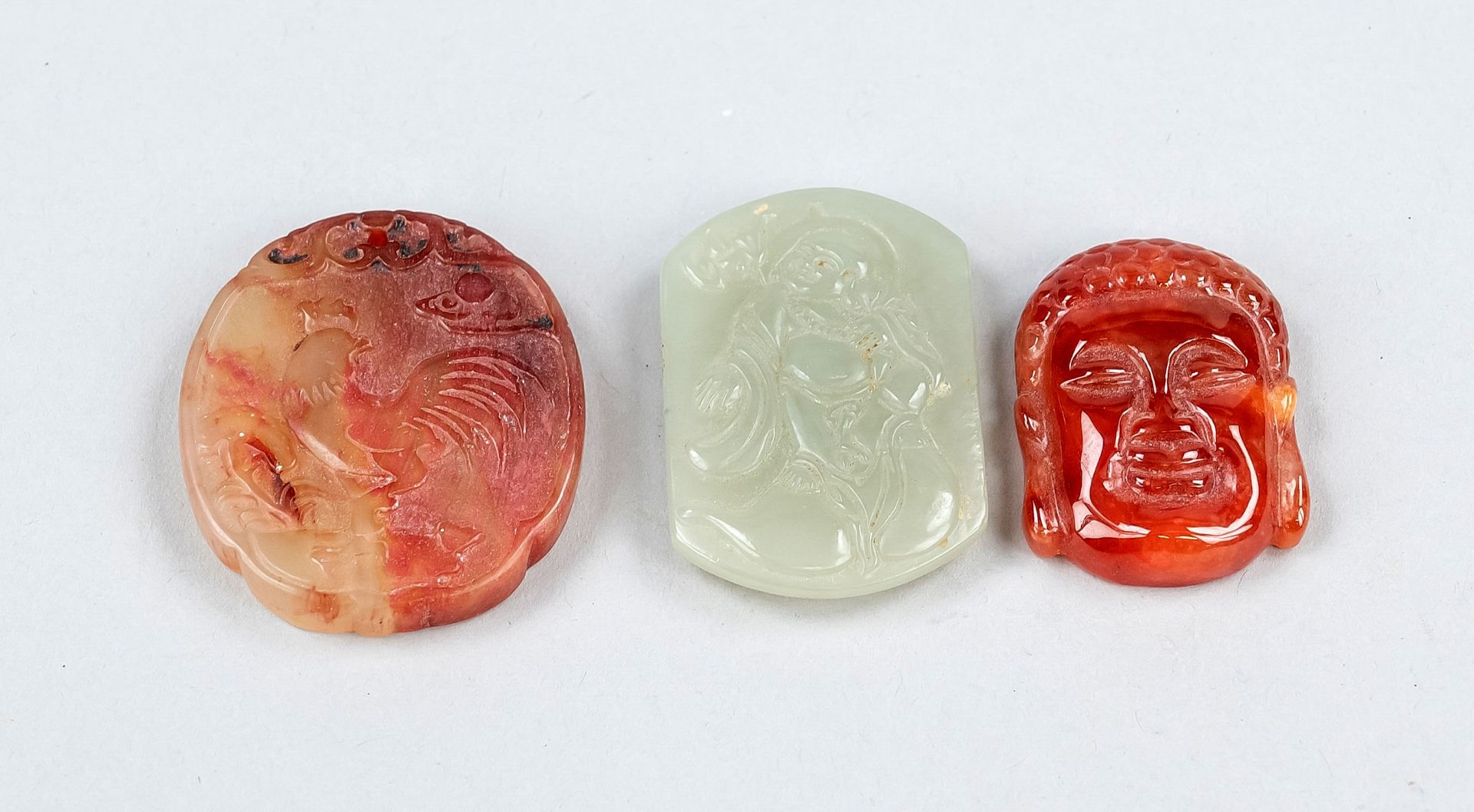 Three decorative mineral friends, China, 20th century, jade and agate carved, buddha head, budai