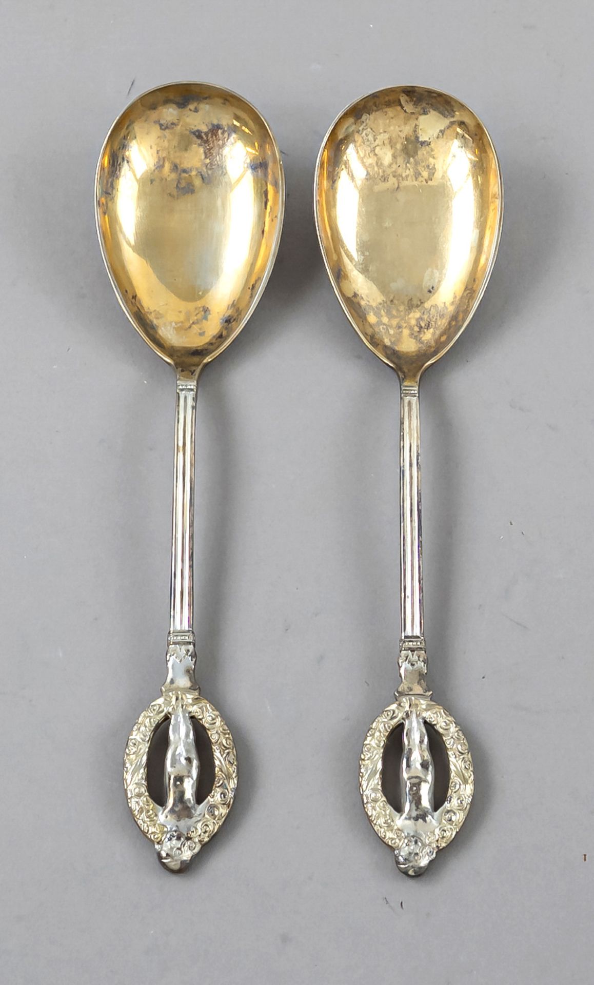 Pair of cream spoons, German, around 1900, jeweler's mark Merklein, silver 800/000, gilded spoon,