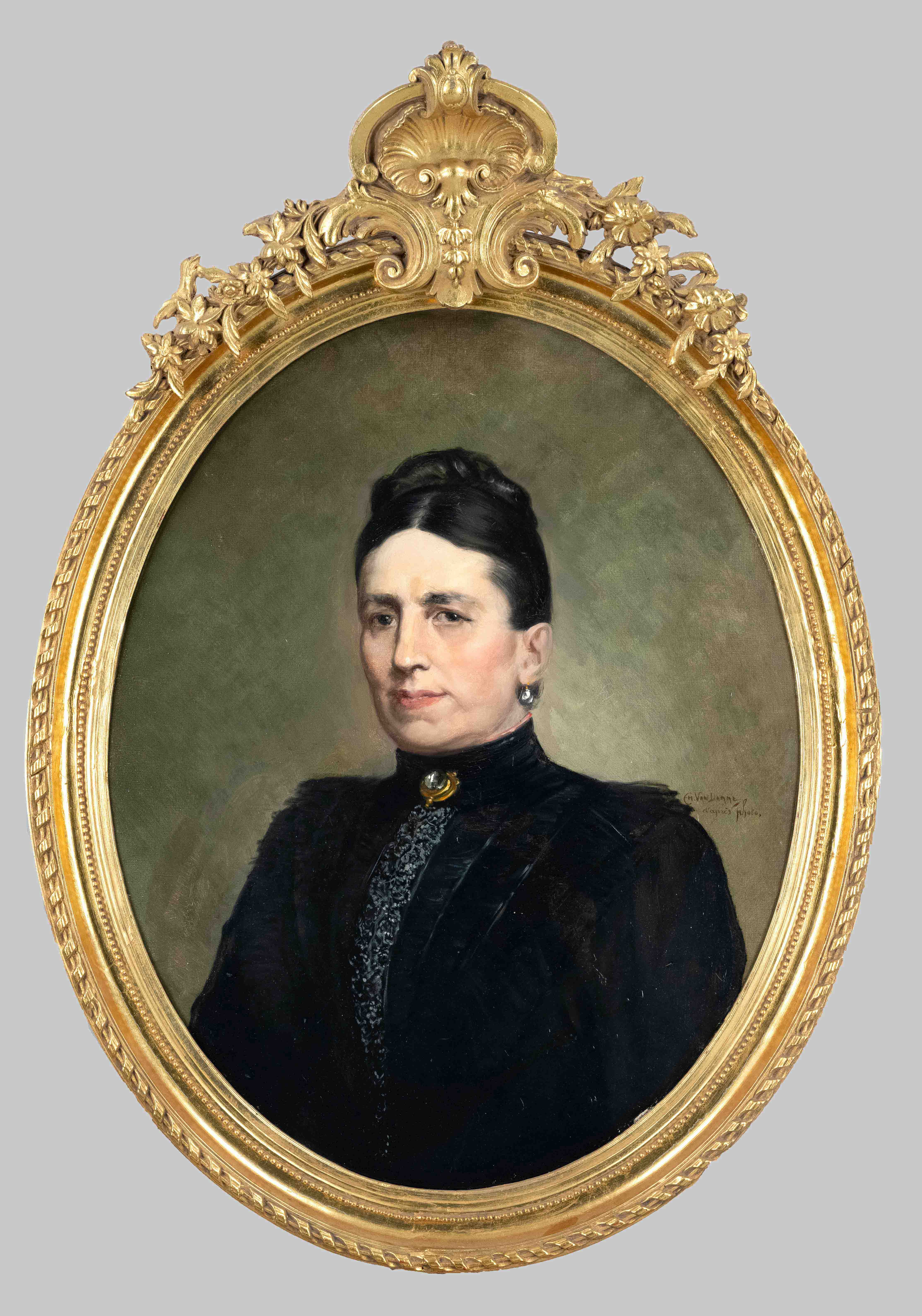 Em. van Damme, 19th century portrait painter, Portrait of a Lady in Black, oval bust in oil on