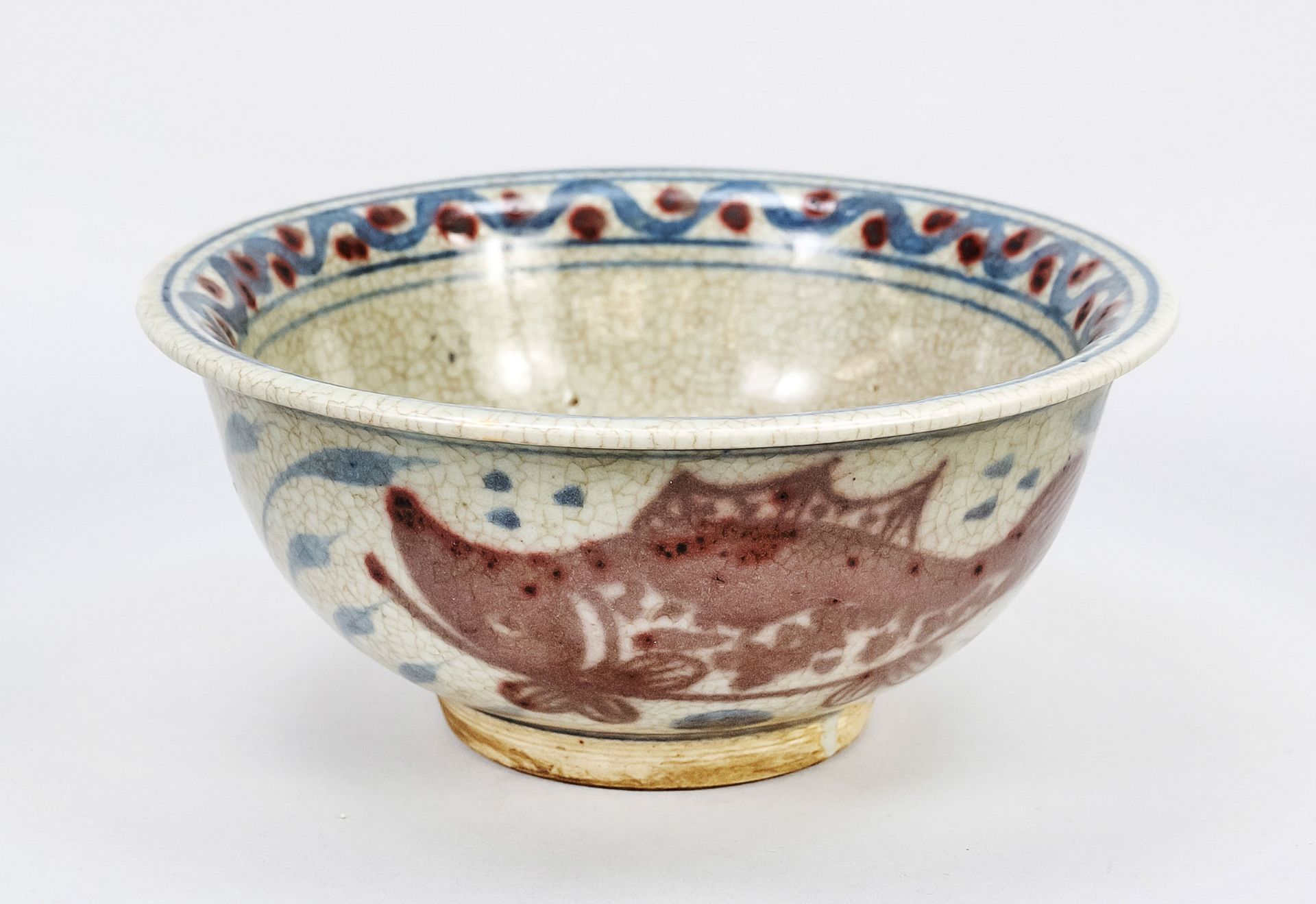 Fish bowl, China, Ming dynasty(1368-1644), stoneware bowl with greenish crackled glaze, cobalt