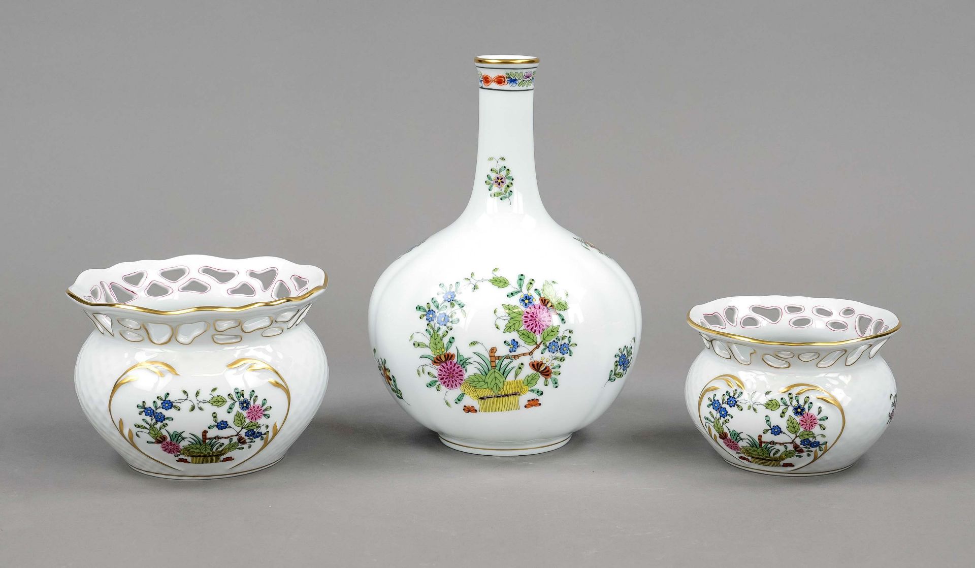 Vase and 2 small cachepots, Herend, 1970-80s, polychrome painted, décor Freurs de Indes, vase, h. 19