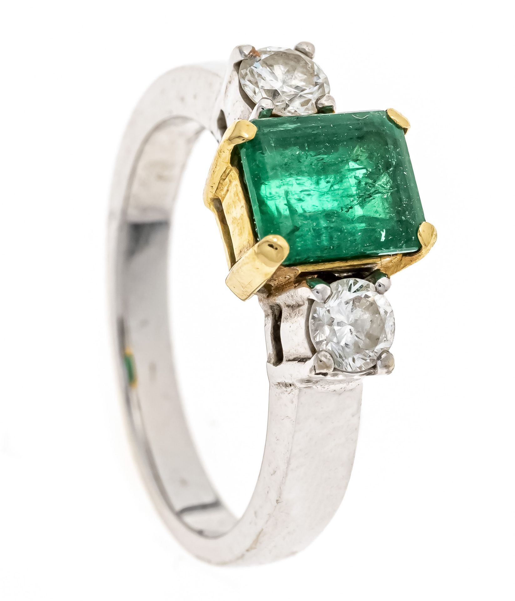 Emerald-brilliant ring WG/GG 750/000 with one emerald cut faceted emerald 1,43 ct shining strong