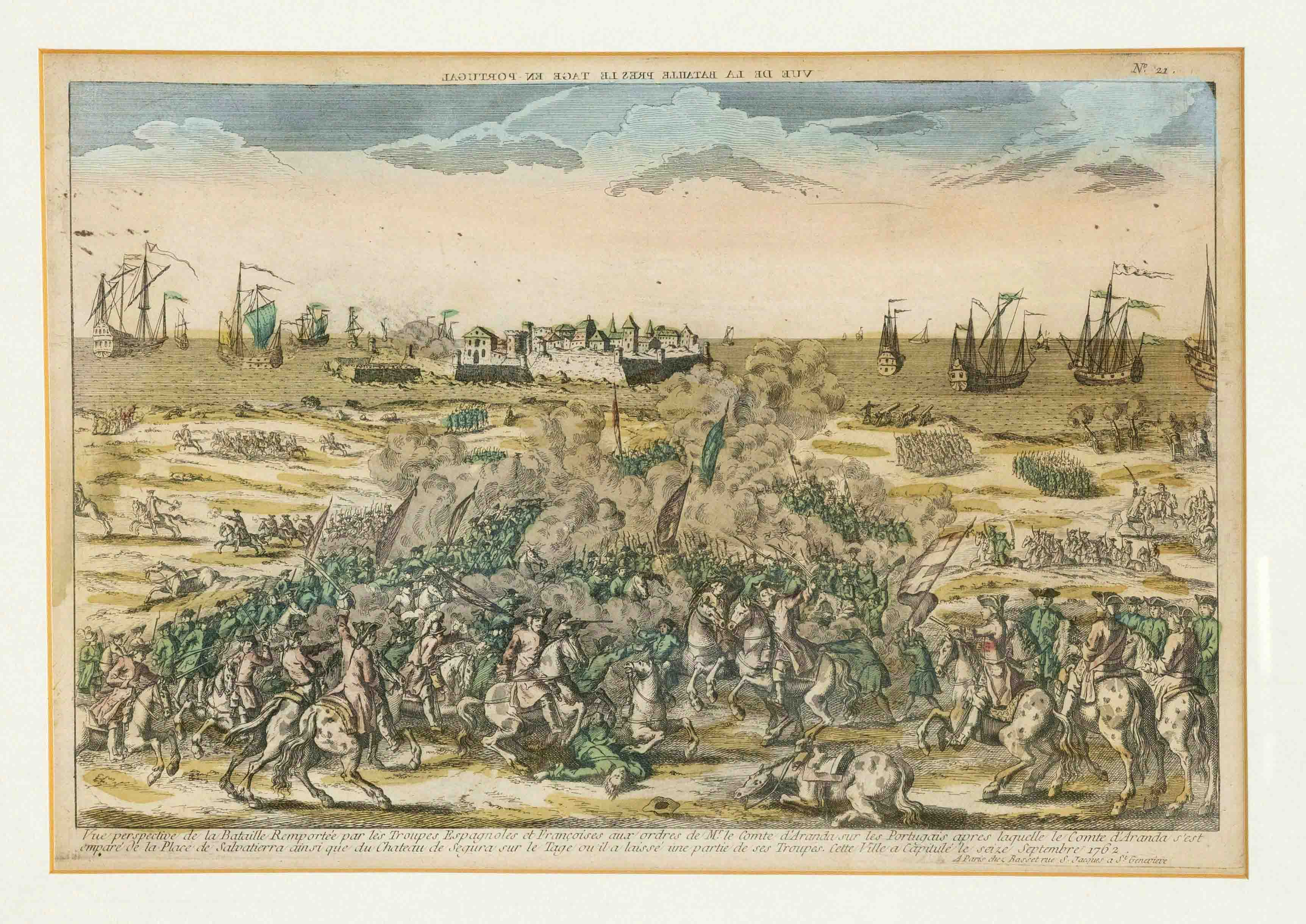 French peep-sheet about 1780, ''Vue de la Bataille pres le Tage en Portugal'', col. copperplate