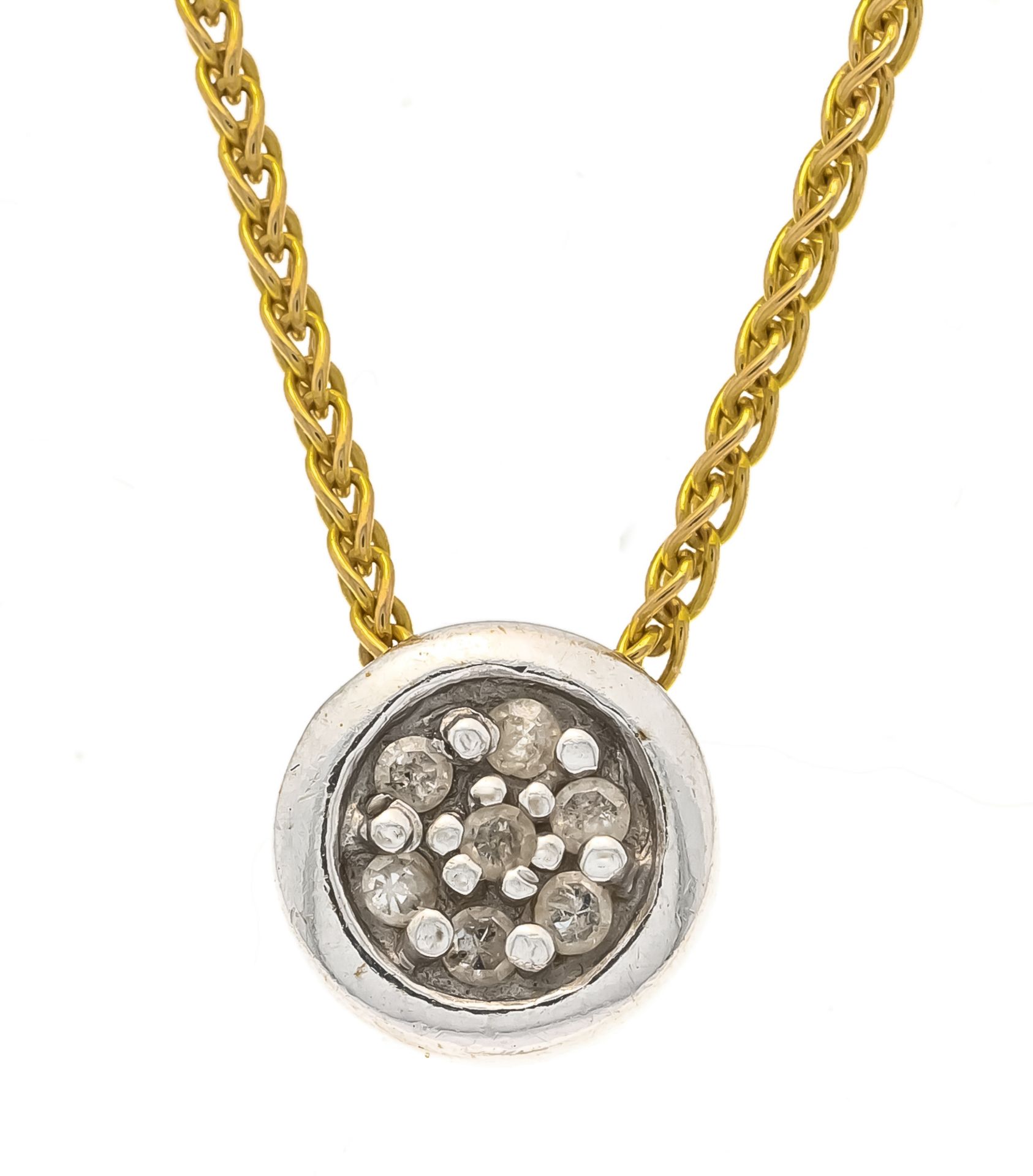 Diamond pendant WG 585/000 with 7 octagonal diamonds, total 0,04 ct tinted W/SI, d. 7 mm, on chain