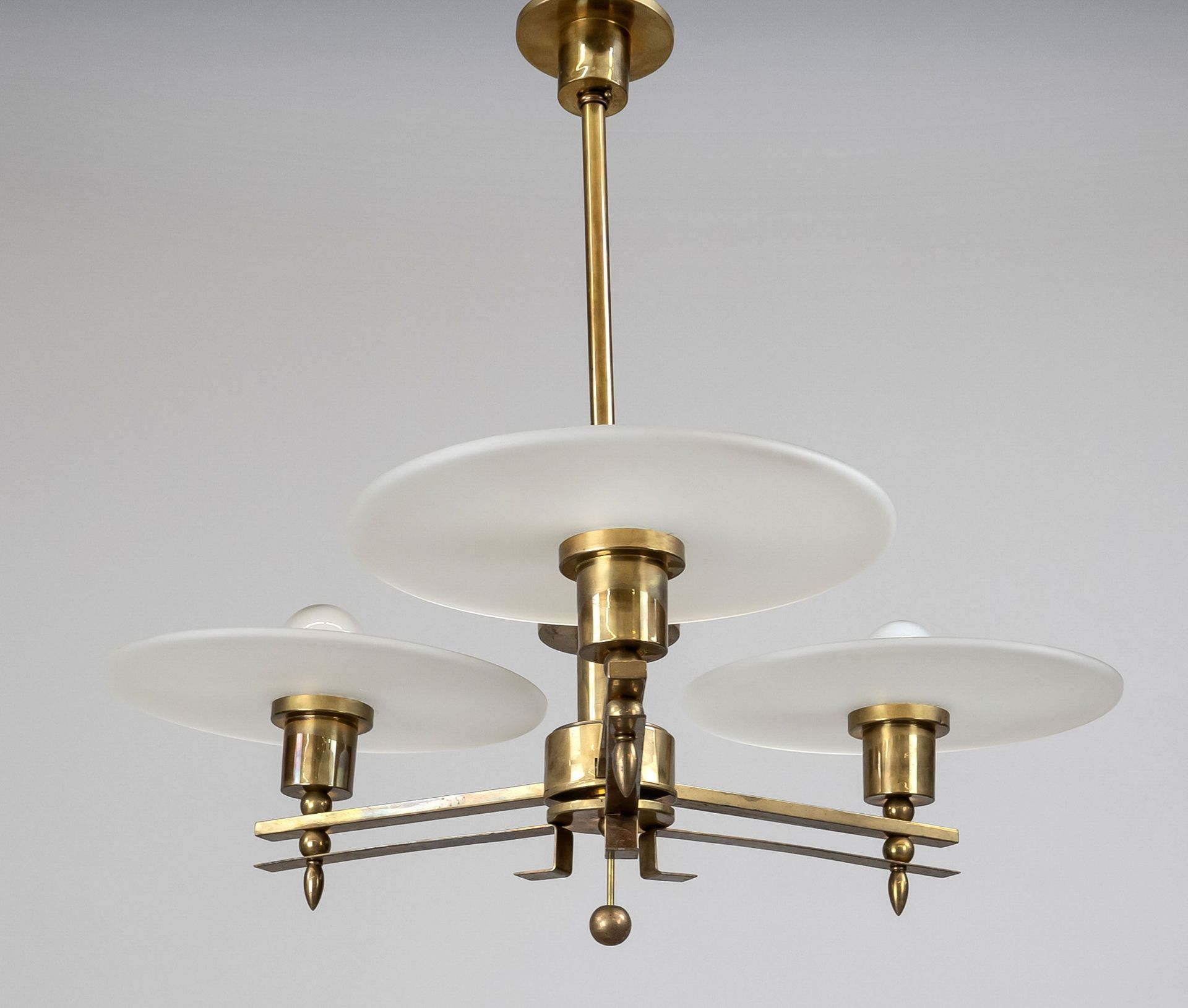 Art deco ceiling lamp, 1930s. Brass console with 3 horizontally cantilevered arms with large frosted