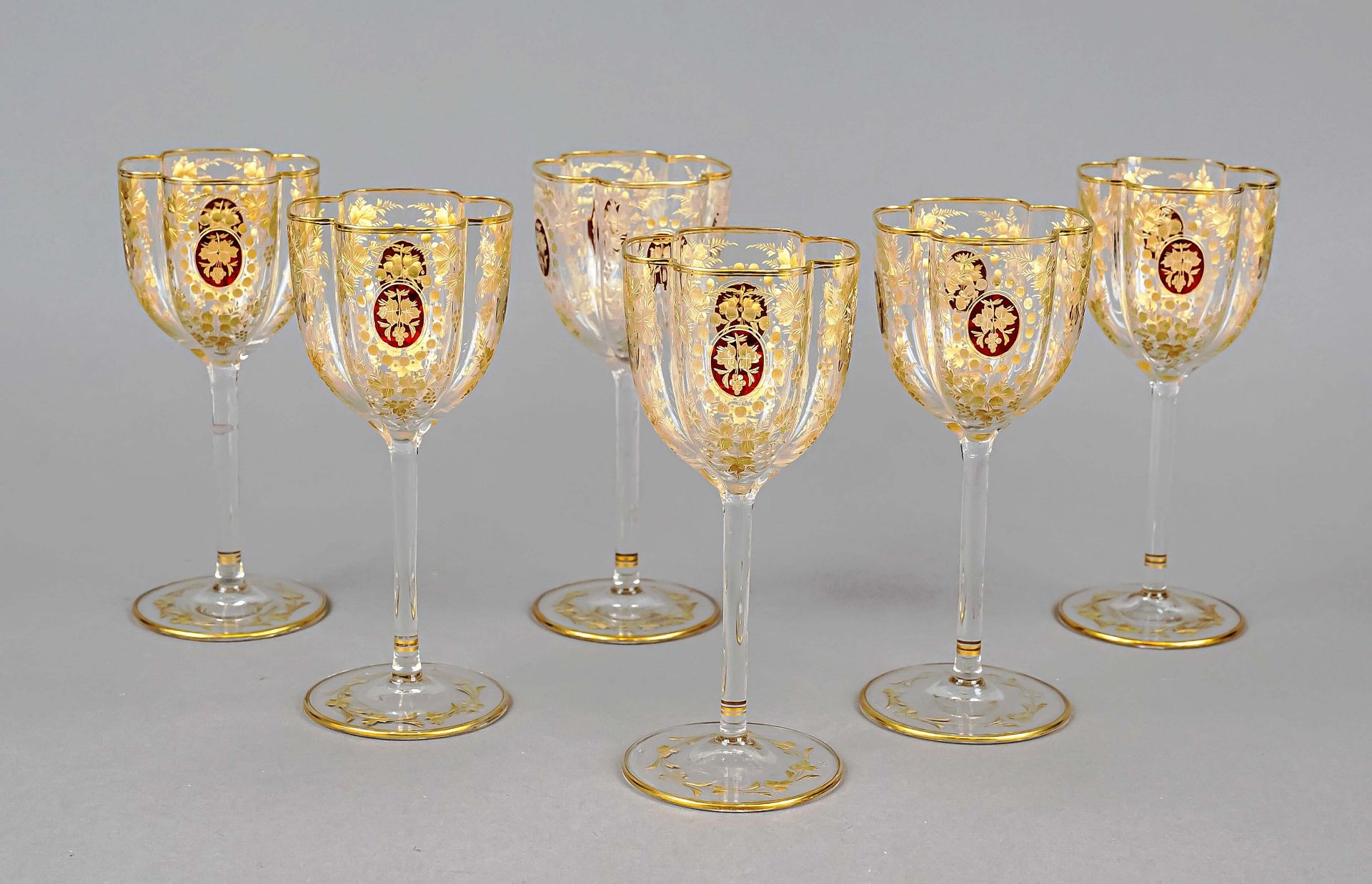 Six wine goblets, early 20th c., in the style of J. & L. Lobmeyr, Vienna, round disc stand,