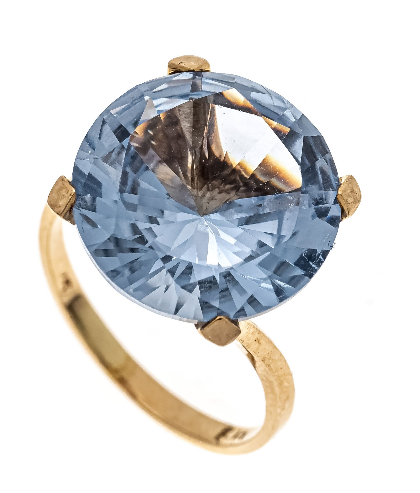 Gemstone ring GG 750/000 with one round faceted synth. spinel 15,10 mm, light blue, eye clean, RG