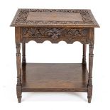 Side table around 1880, oak, frame with drawer, surrounding and top with geometric notch carving, 73