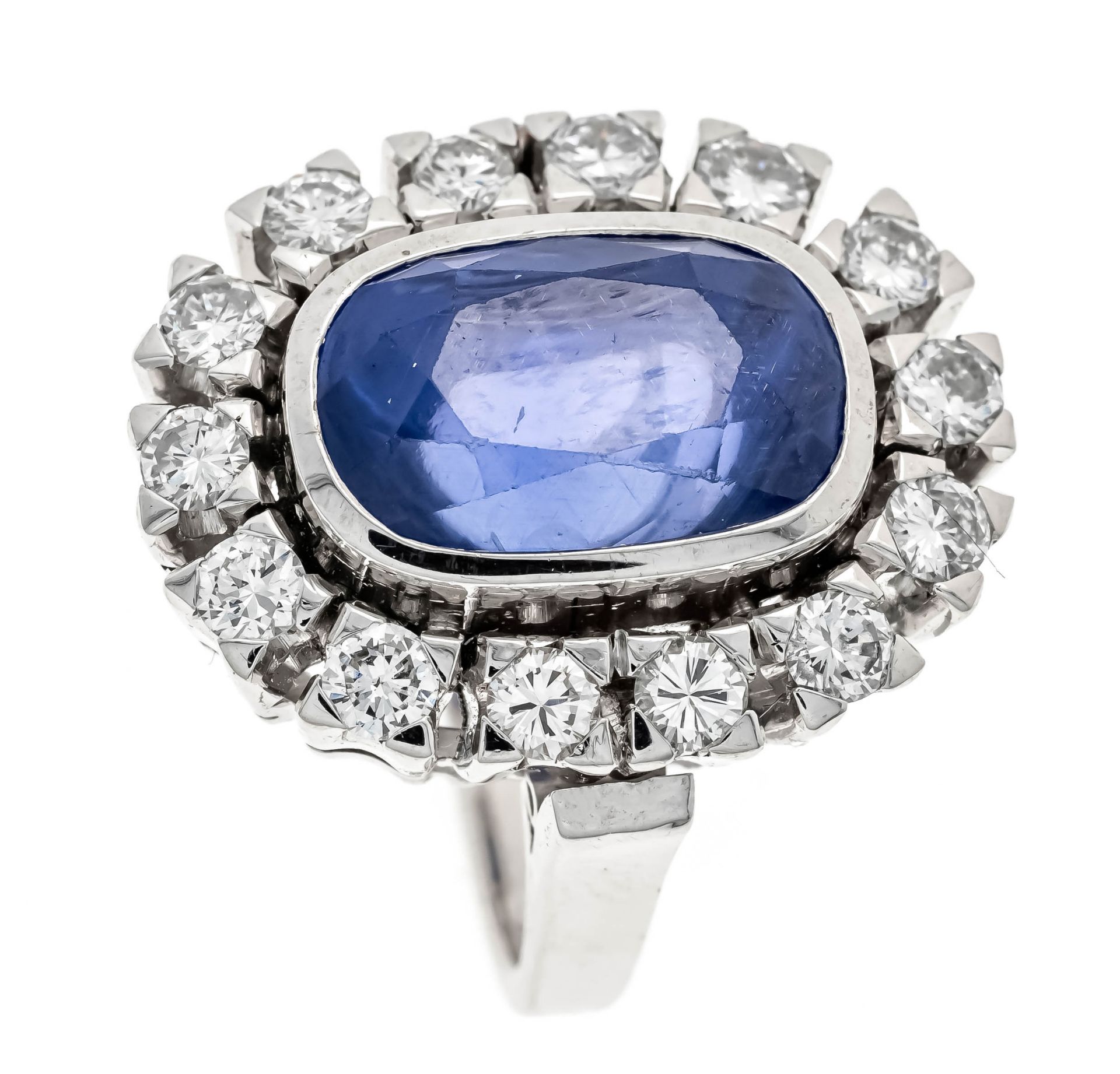 sapphire-brilliant ring WG 585/000 with a mixed cut faceted sapphire (upper part oval faceted, lower