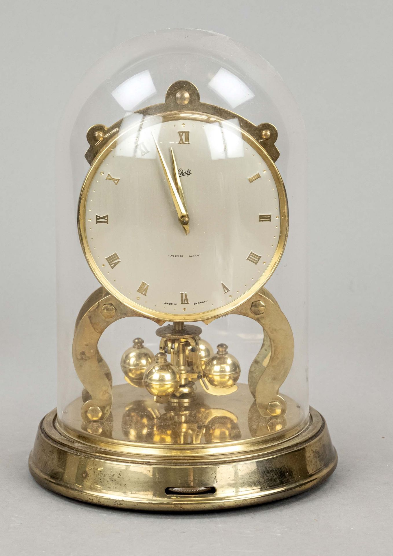 Table clock, treasure 1000 day, year clock, under plexiglass dome two small chips on lower rim, - Image 2 of 2