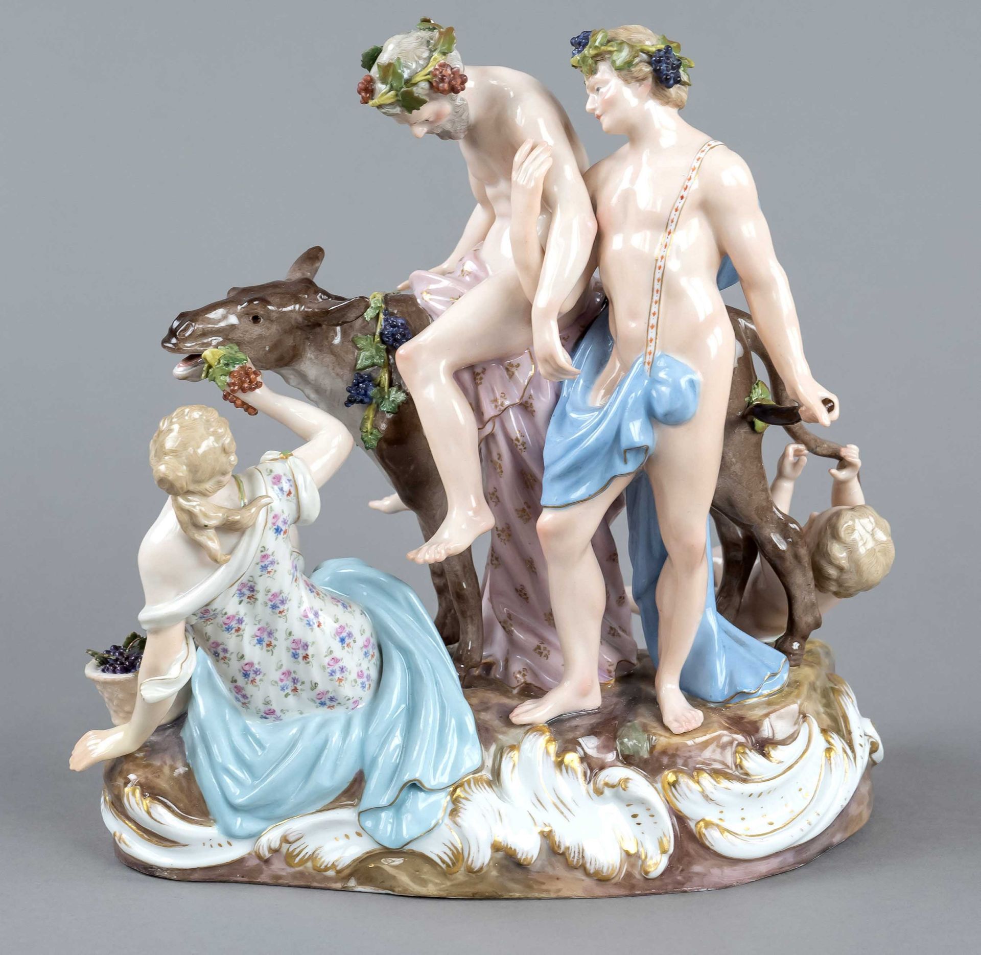 Group of figures ''Drunken Silen'', Meissen, 1850-1924, 1st choice, porcelain, polychrome and gold