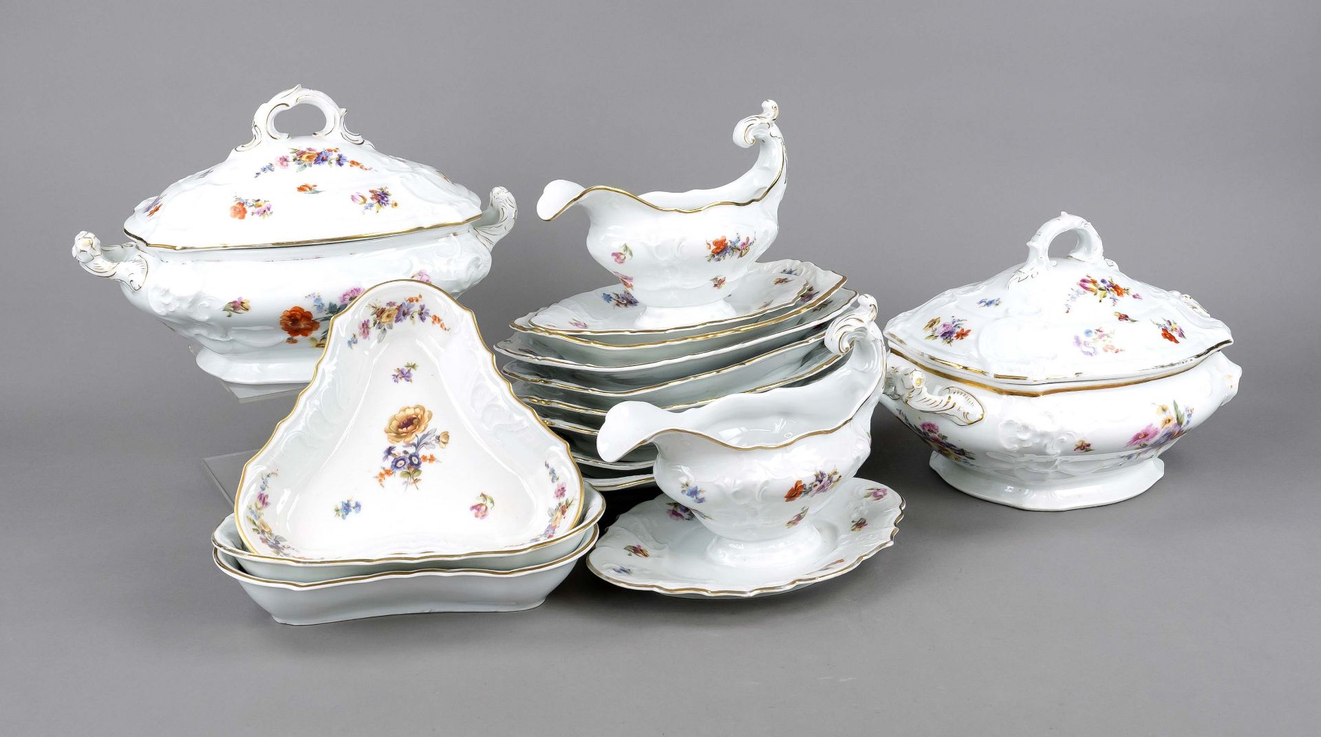 Large remaining service, 61 pcs, Fraureuth, Saxony, 1920s, form Rococo, polychrome floral decor,