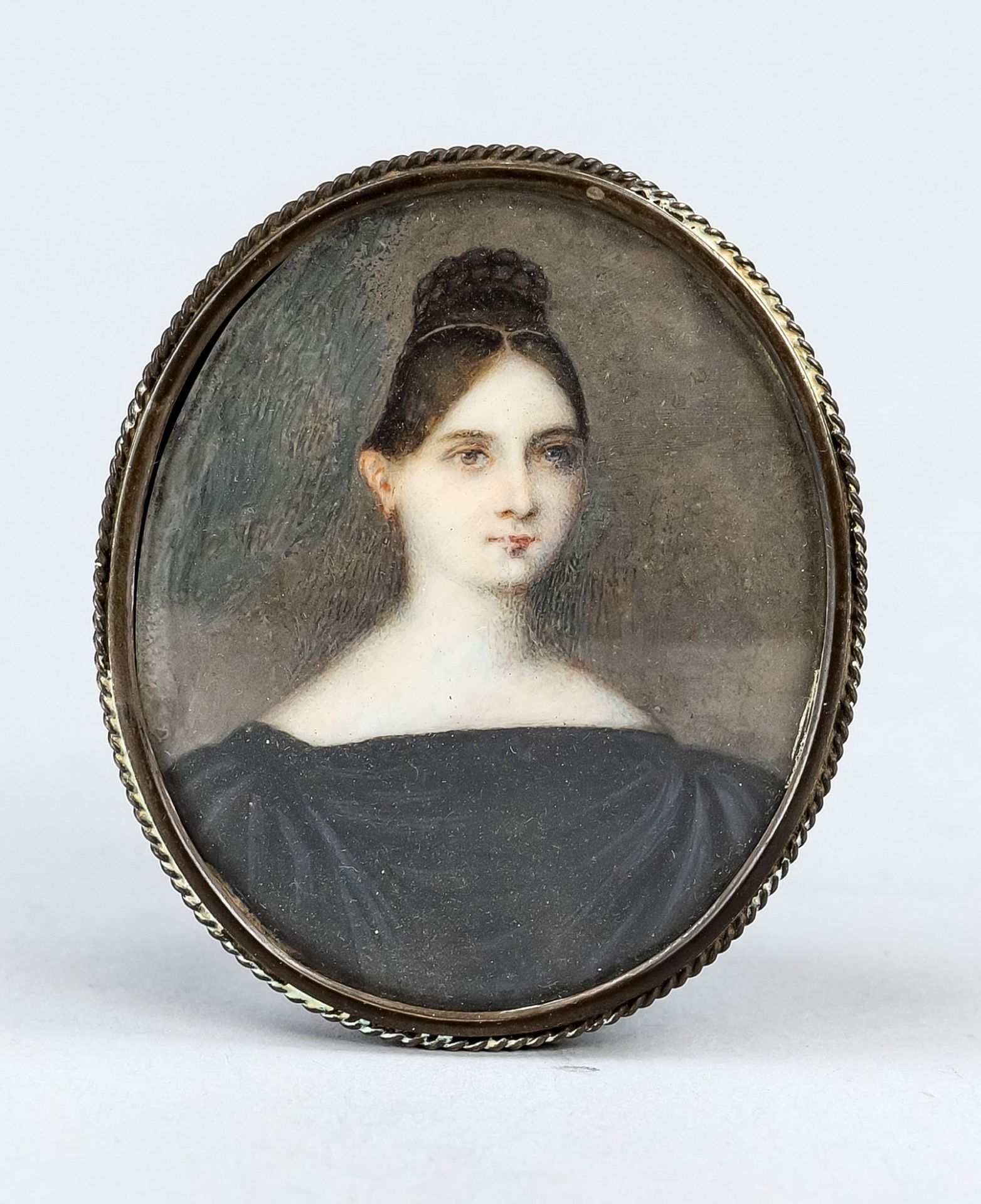 Miniature painting, 19th century, portrait of a lady, behind glass in profiled brass frame, slightly