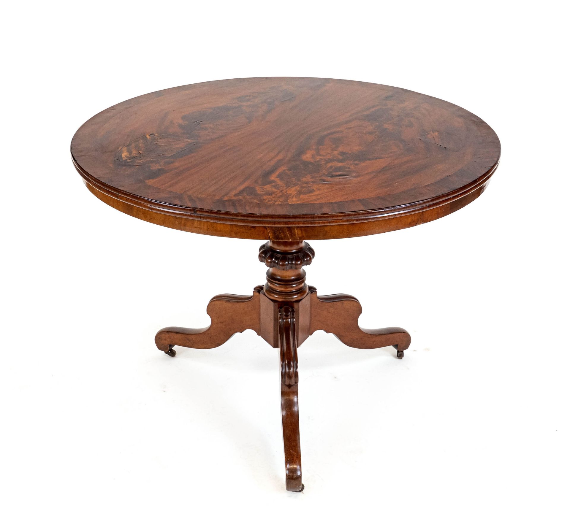 Round Biedermeier table, mahogany, frame on roller feet, old-restored, h. 76, d. 100 cm.