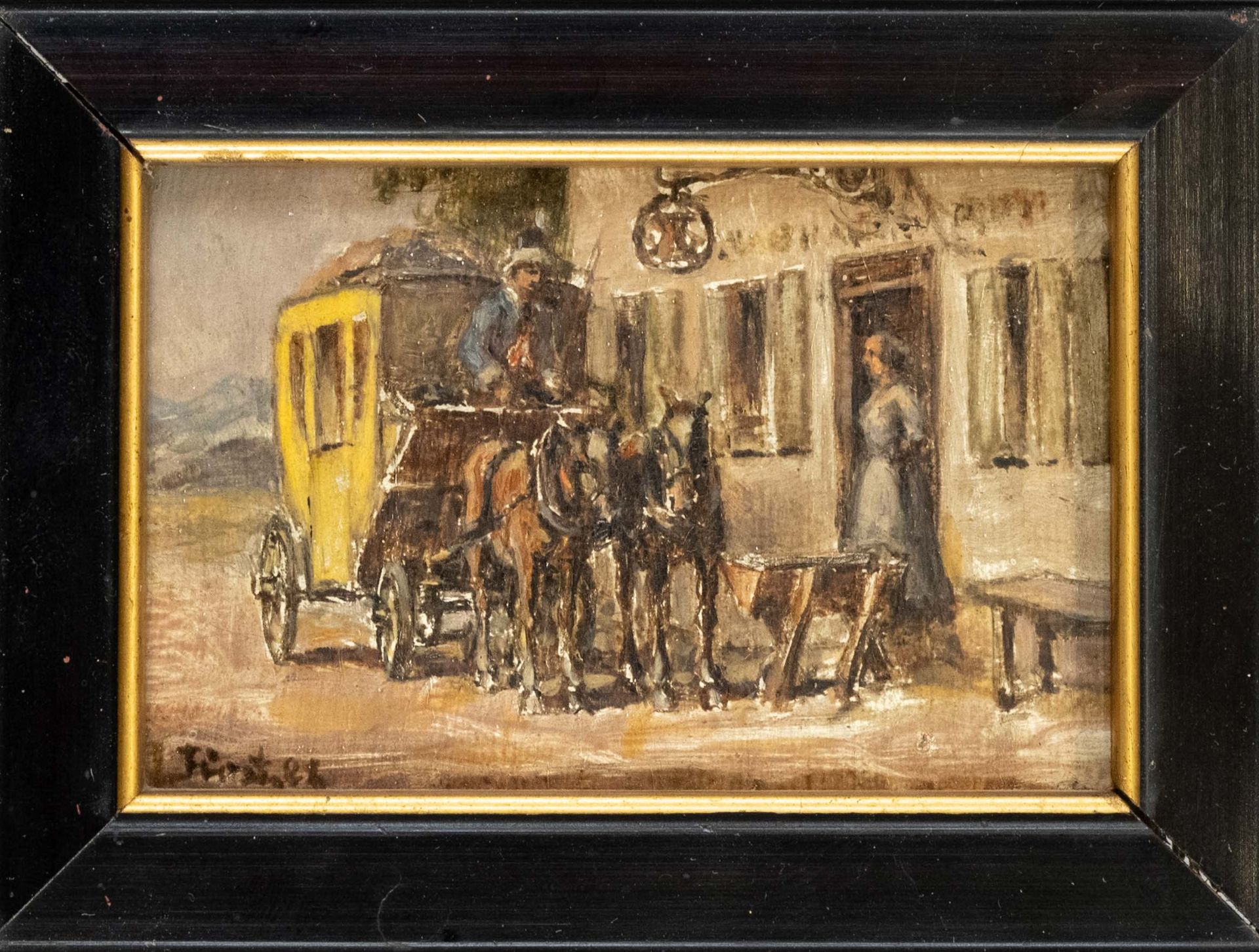 signed Fürst, German painter c. 1920, miniature painting of a stagecoach in front of an inn, oil