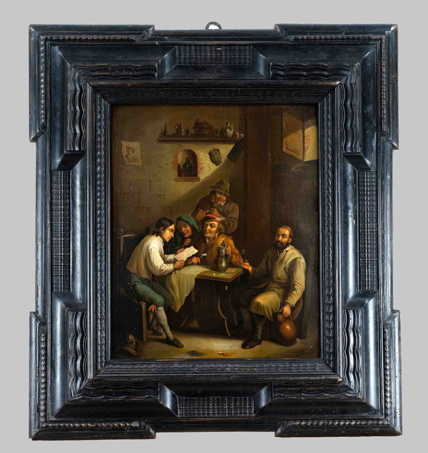 Anonymous genre painter of the 19th century, fine painted tavern scene with a young man reading a