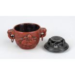 1 red lacquer vessel, China, Republic period(1912-1949), red lacquer vessel with 2 ring handles on