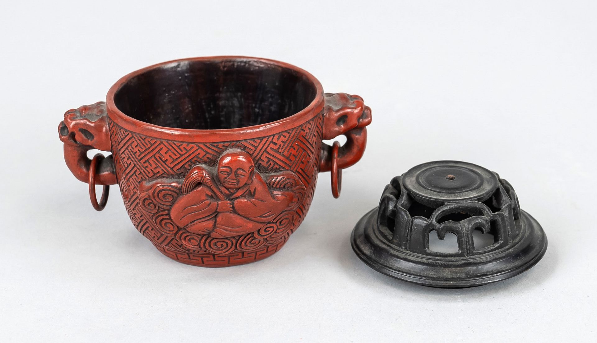 1 red lacquer vessel, China, Republic period(1912-1949), red lacquer vessel with 2 ring handles on