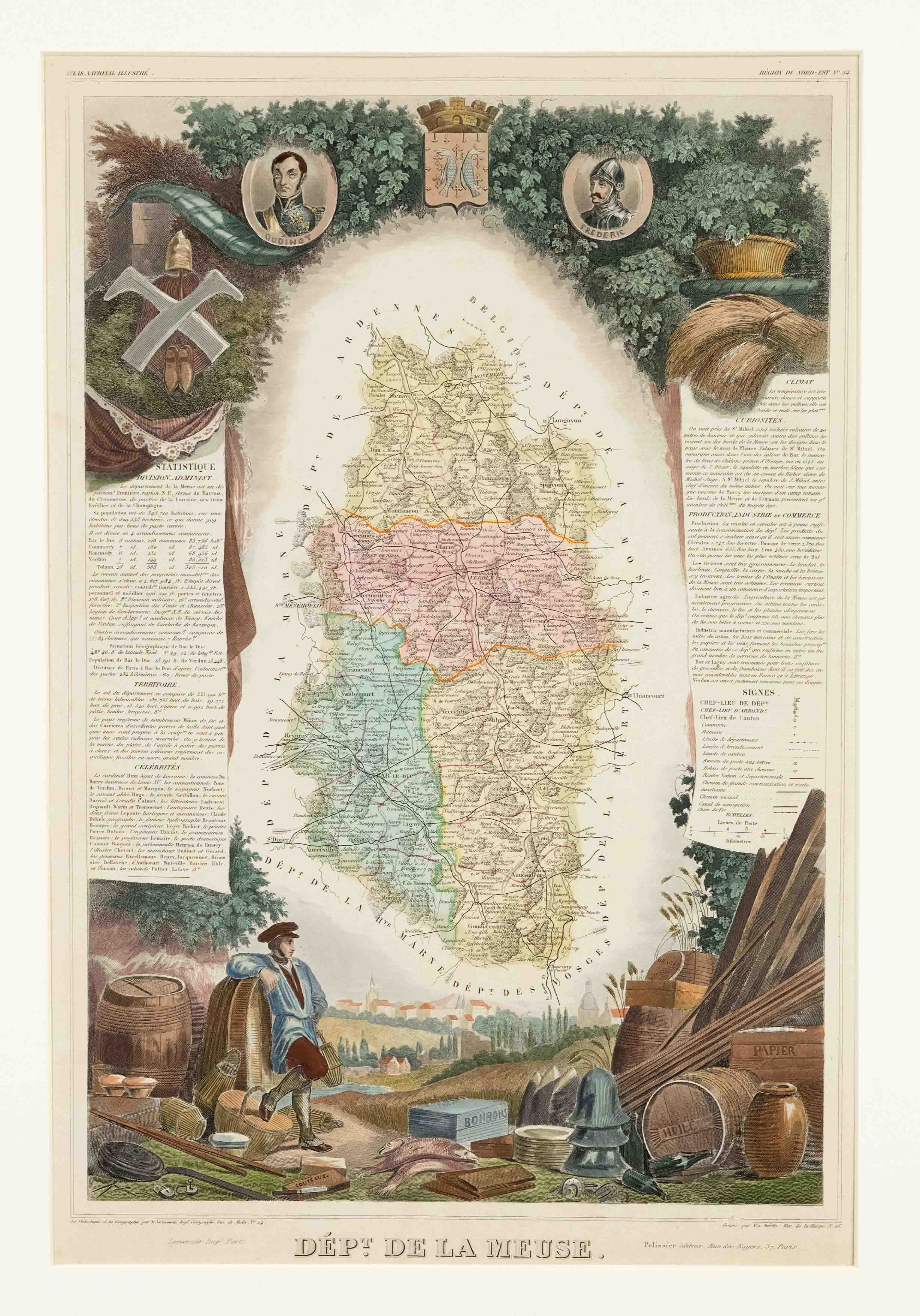 Three historical maps of different French departments, ''Dept. de la Nièvre'', ''Dept. de la Meuse''