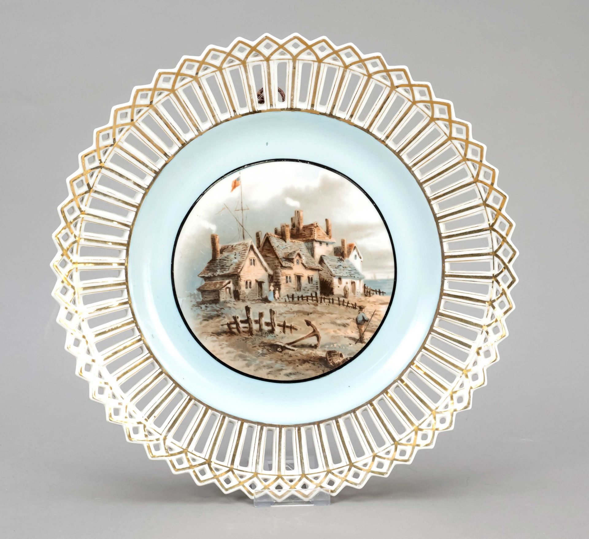 Wall plate, 20th century, in the mirror polychrome painting with fishermen's houses on the shore,