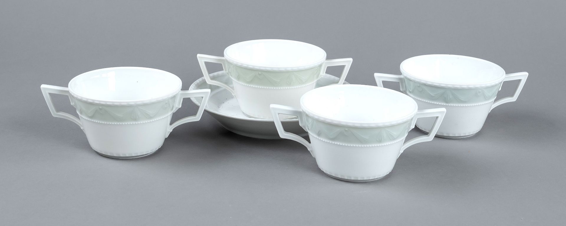 Four soup cups with one saucer, KPM Berlin, 20th century, 3rd choice form Kurland, design for the