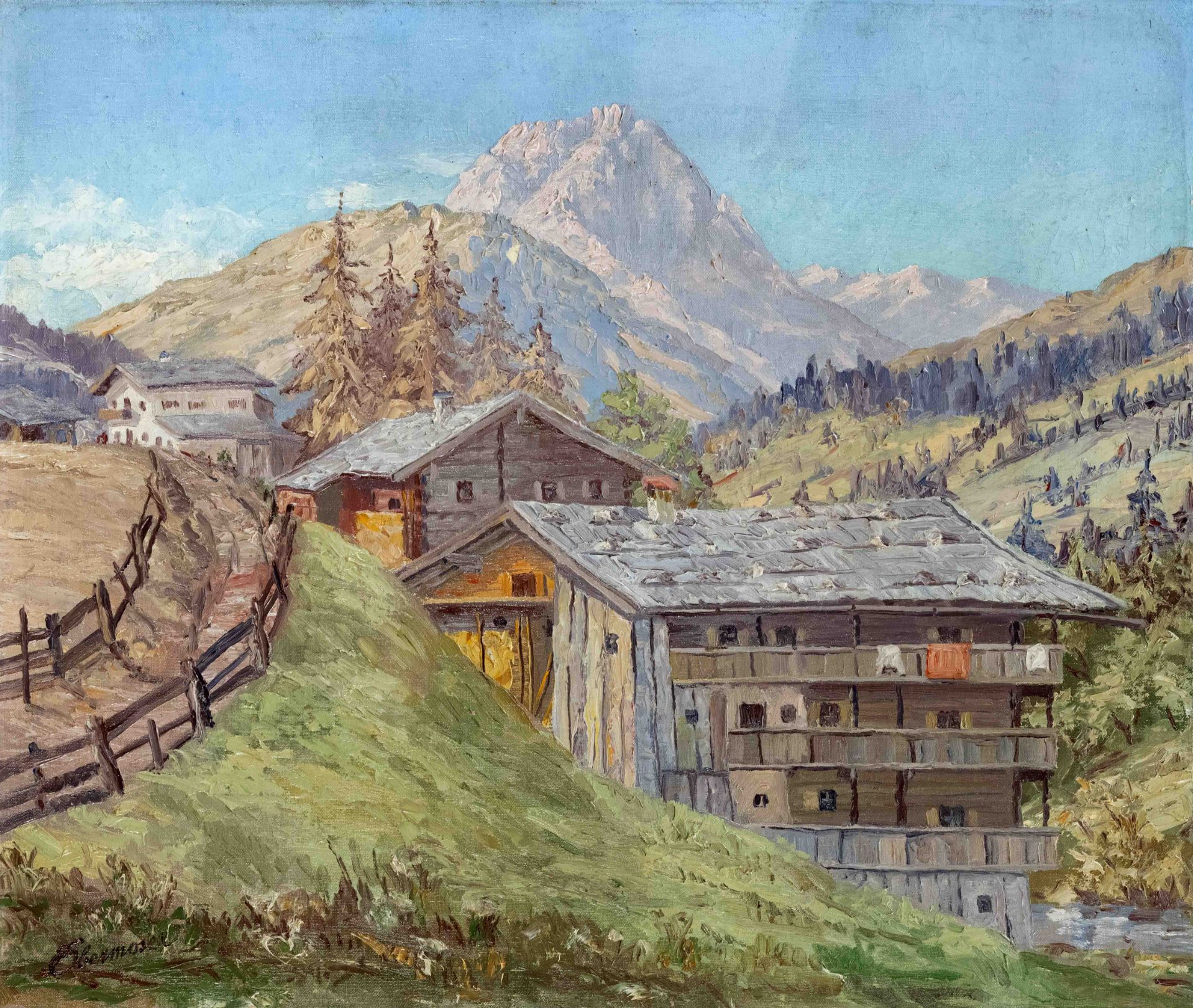 Josef Obermoser (1900-ca.1975), German painter, Houses in the Alps, oil on canvas, signed lower