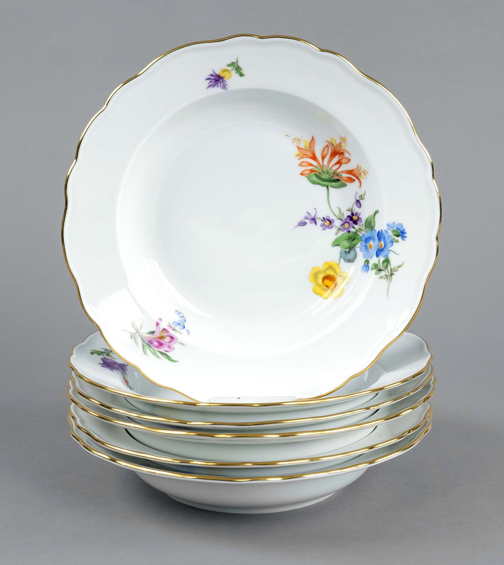 Six soup plates, Meissen, stamps after 1934, 1st choice, shape New cut-out, decor Colorful flower,