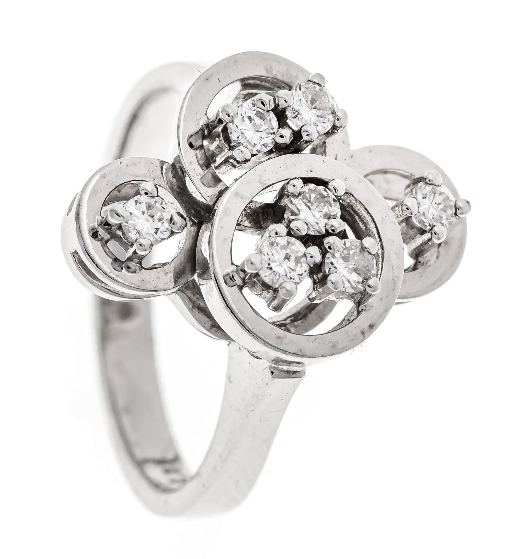 Brilliant ring WG 585/000 with 7 brilliants, add. 0,35 ct l.tinted W/SI-PI, RG 56, 6,1 g
