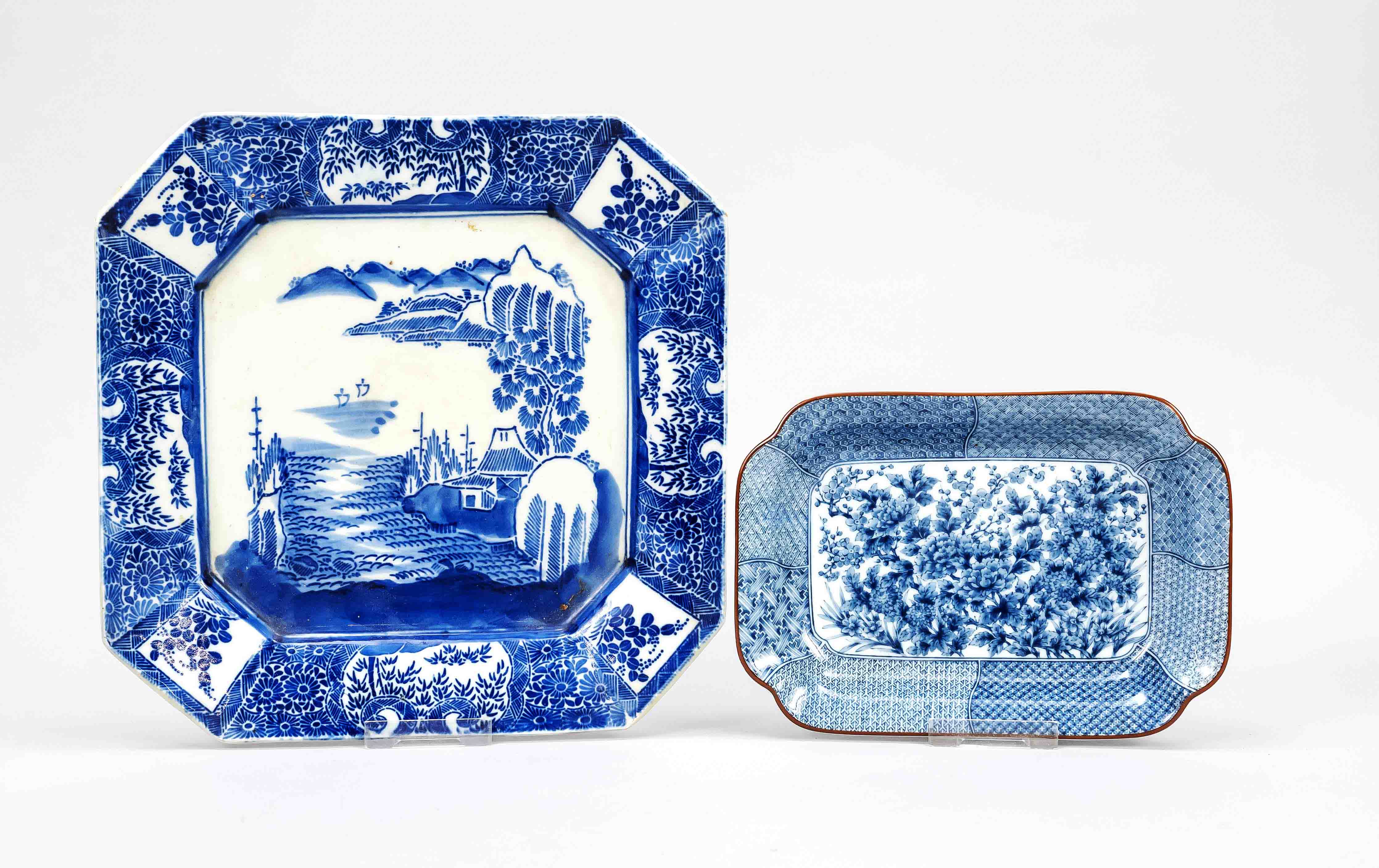 Two bowls blue print, Japan, probably Arita, 19th/20th century, oblong offering bowl with