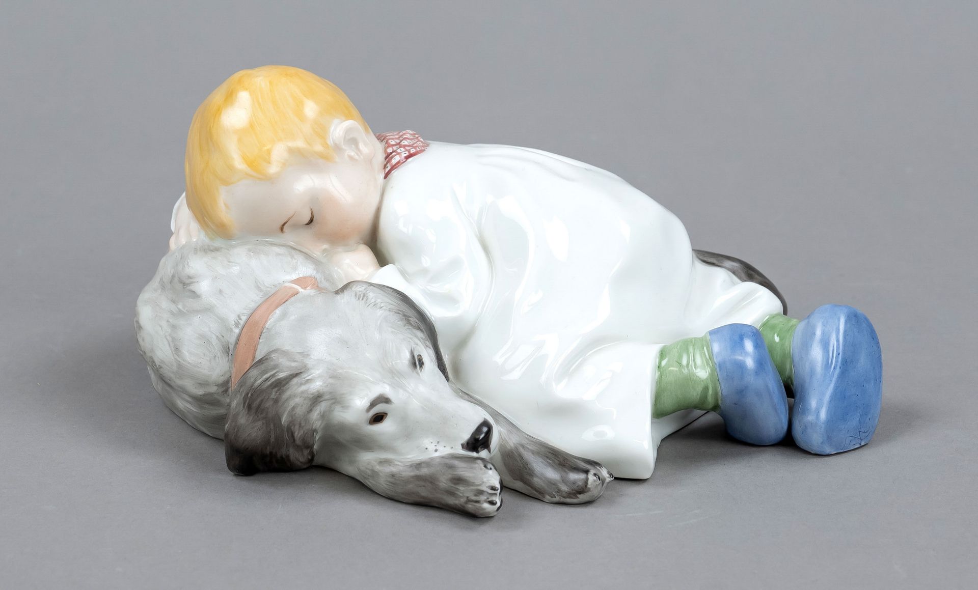 Art Nouveau figure, child sleeping on dog, Meissen, end of 20th century, 2nd choice, designed by