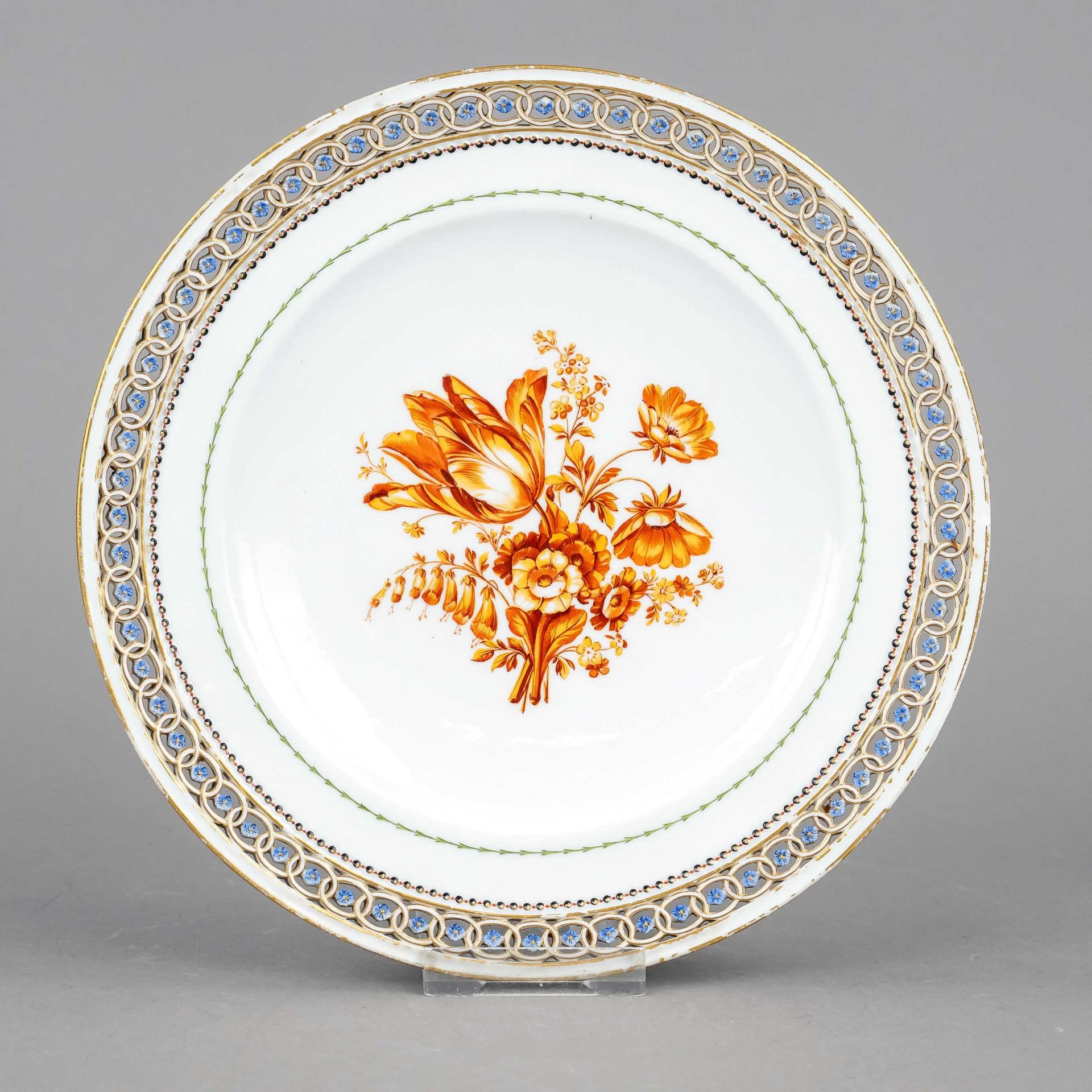 Flat plate, Meissen, Marcolini mark 1784-1817, 1st choice, in the mirror floral painting in