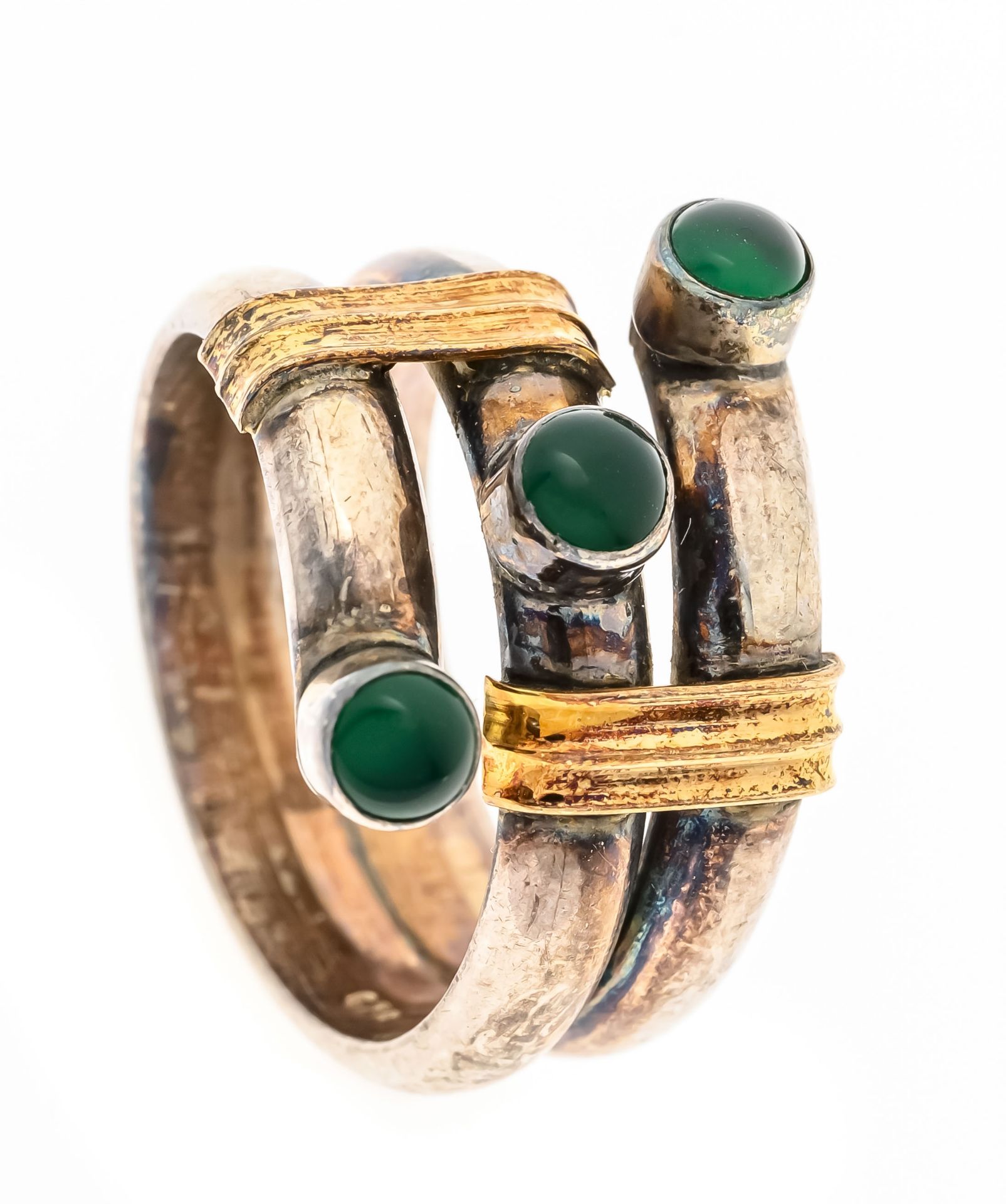 Design ring silver 925/000 and GG 585/000 with 3 round green agate cabochons 3,7 mm, RG 57, 10,7 g