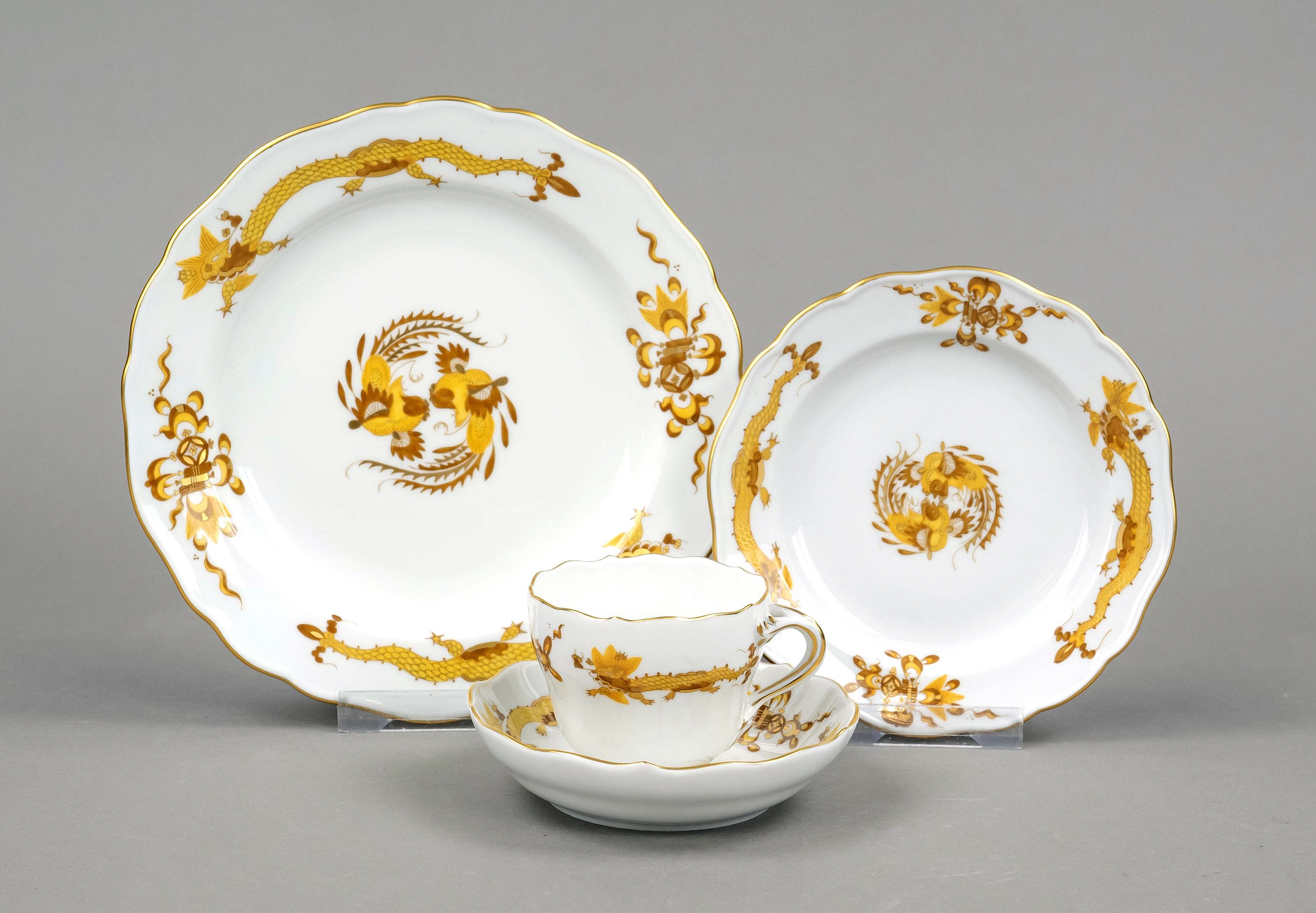 Mocha set, 4-piece, Meissen, 2nd half of 20th century, 1st choice, form New Cutout, decor yellow