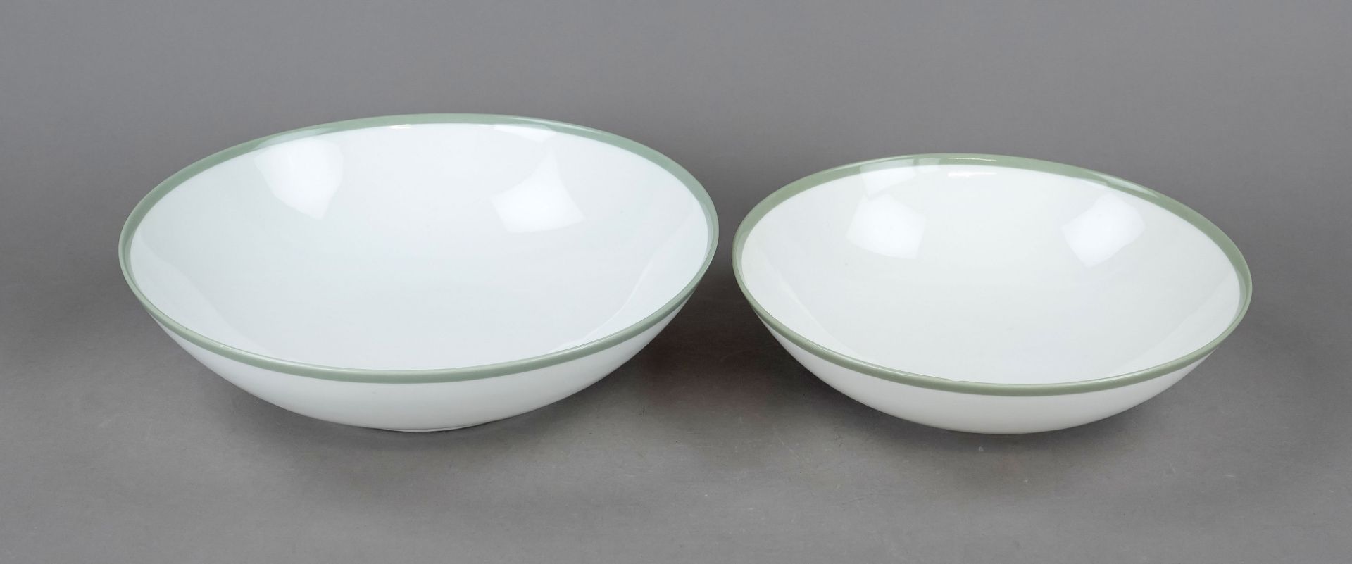 Two round bowls, KPM Berlin, mark before 1962, 2nd choice, form Urbino, white with celadon green