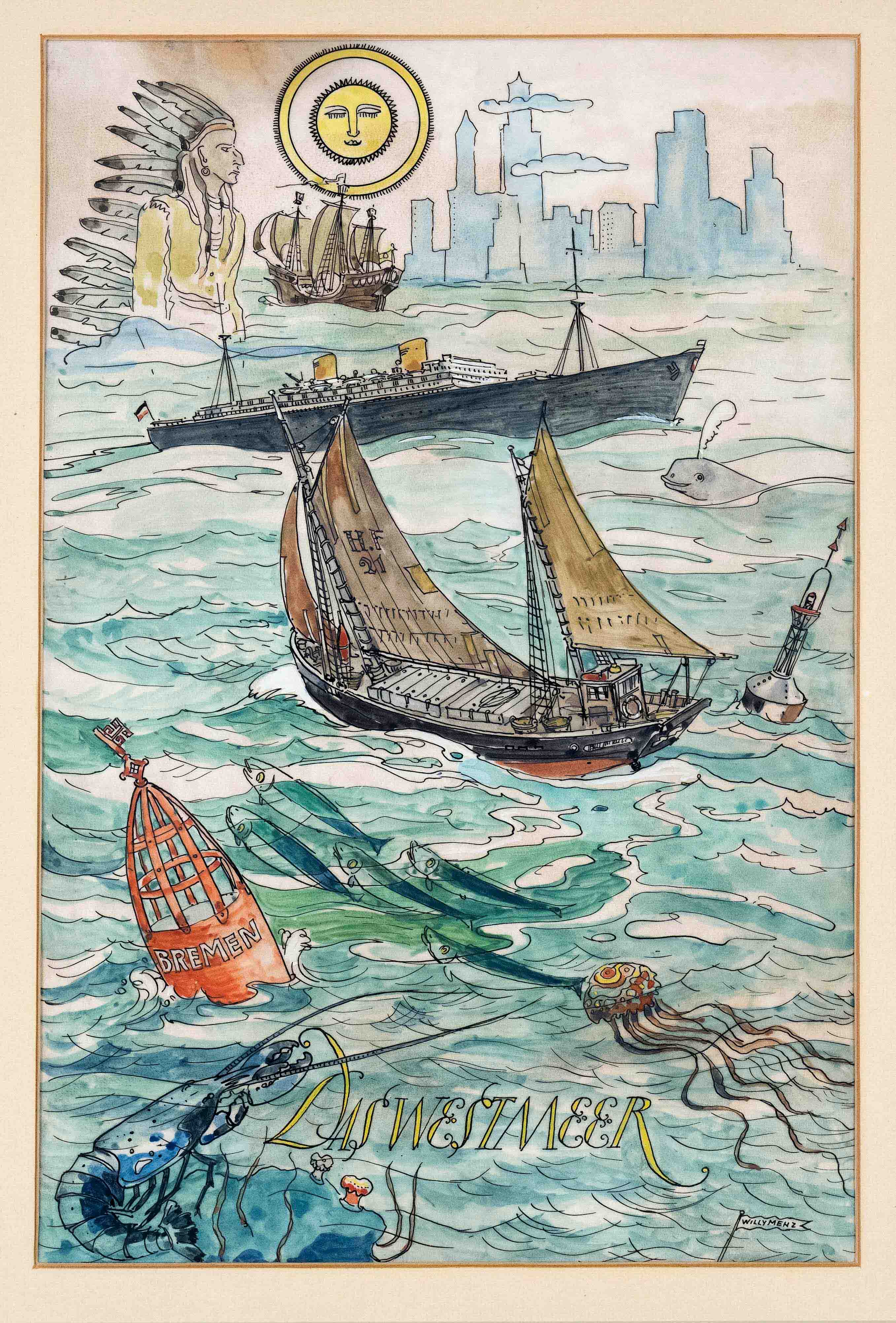 Menz, Willy. 1890 Quezaltenango - 1969 Bremen. The West Sea. Pen and ink with watercolor/gouache