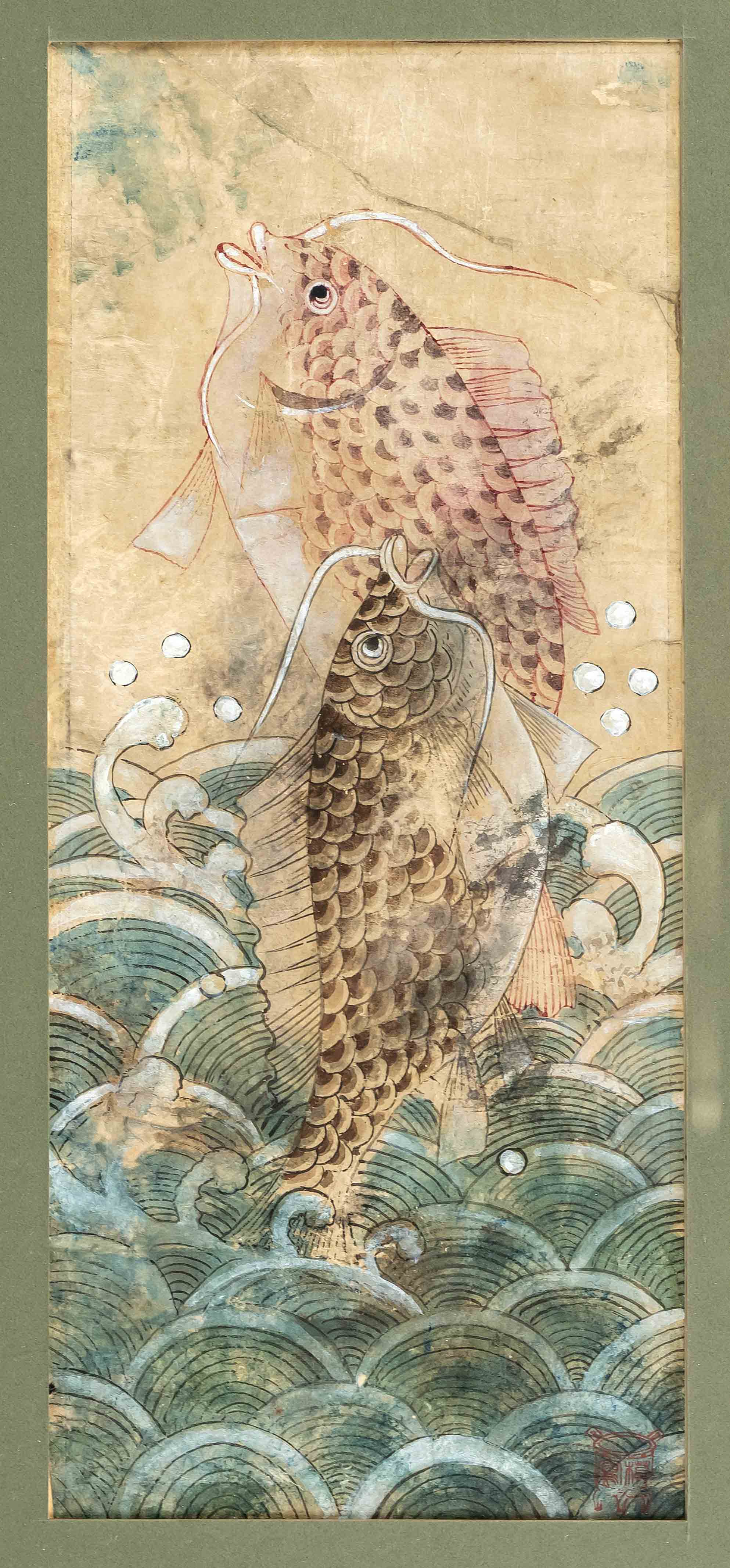 Watercolor ''The double carp jump'', probably Vietnam, 19th/20th century, ink and colors on paper, 2