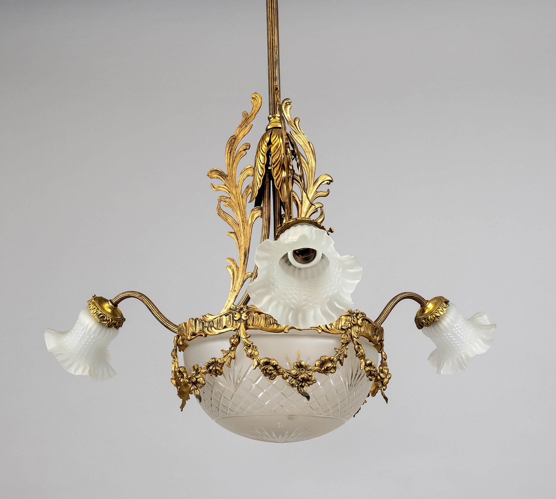 Historism ceiling lamp, late 19th c., brass with residual gilding. Wreath with garland on three