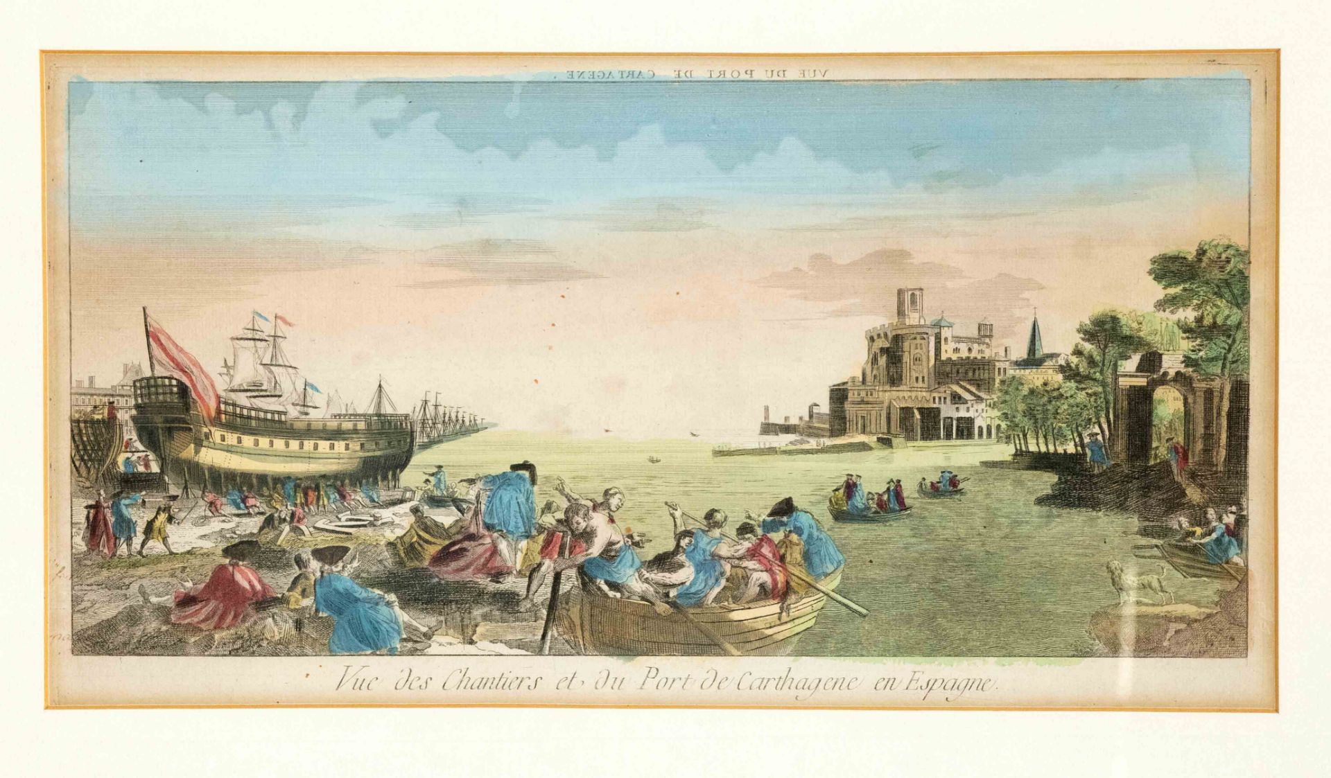 French peep-sheet c. 1780, ''Vue des Chantiers et du Ponts Carthagene en Espagne'', col. copperplate