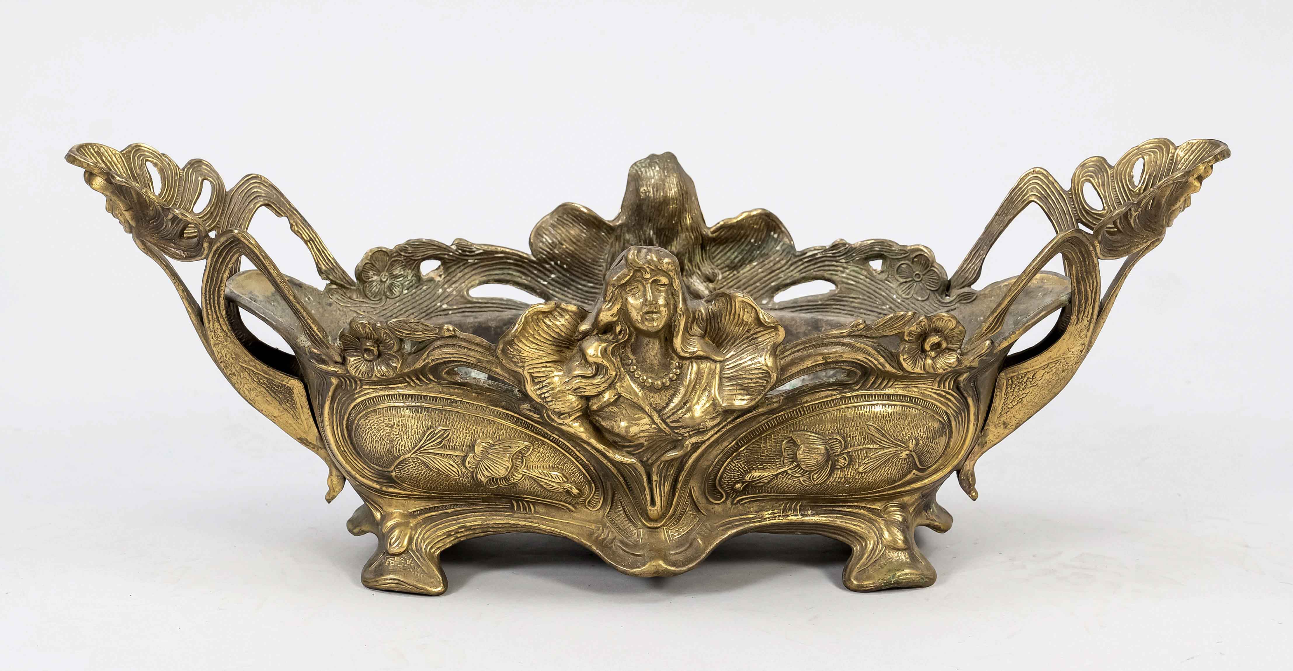 Art Nouveau jardinière, ca. 1900, brass/bronze body on 4 feet. Openwork in places with female figure