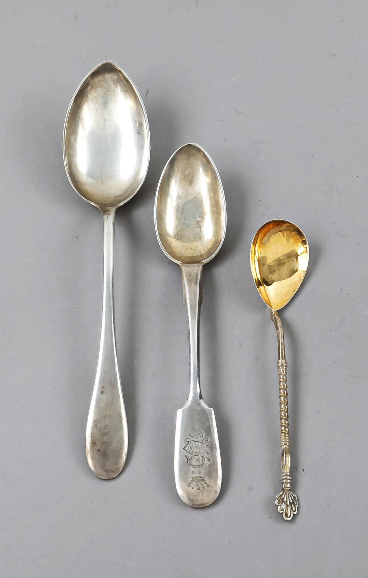 Group of twelve spoons, mostly hallmarked Russia, 19th/20th century, different makers, mostly silver