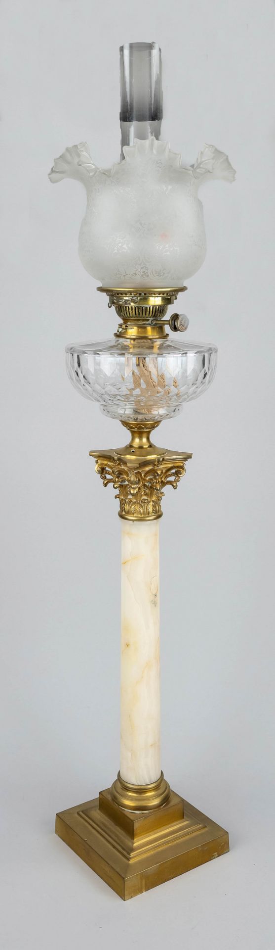 Large kerosene lamp, late 19th c. Square profiled base, smooth shaft made of white hard stone (