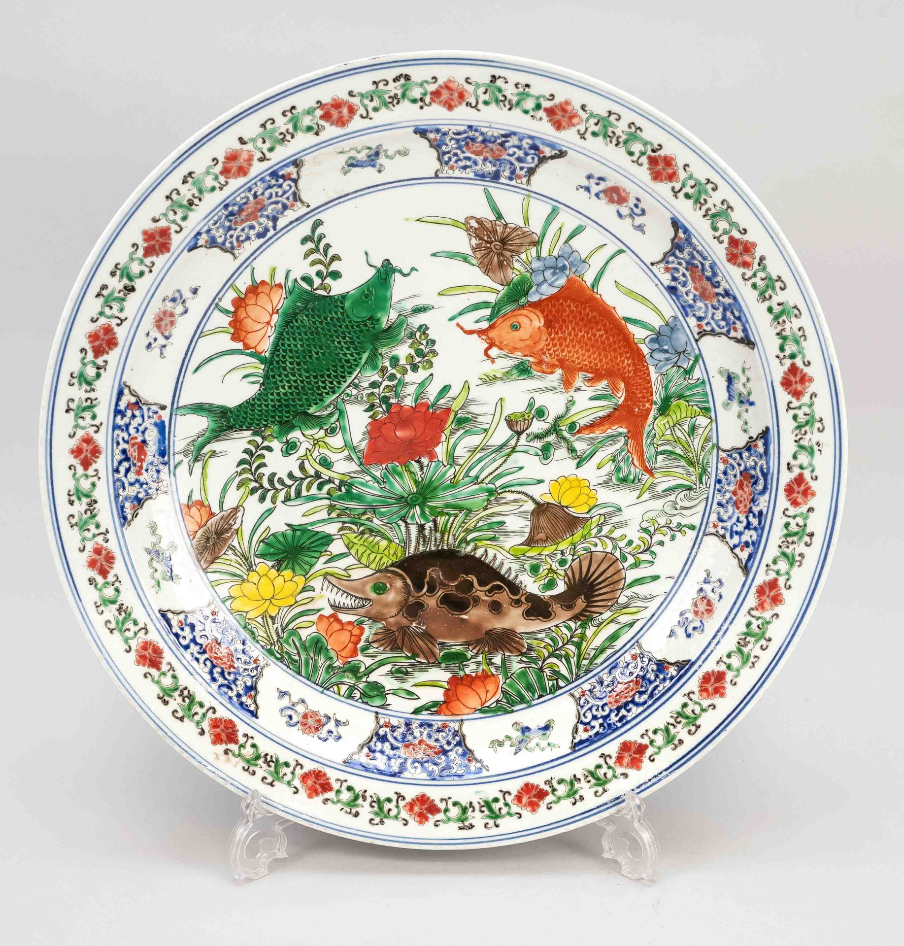 Very large fish plate famille verte, China, probably republic period(1912-1949), porcelain with