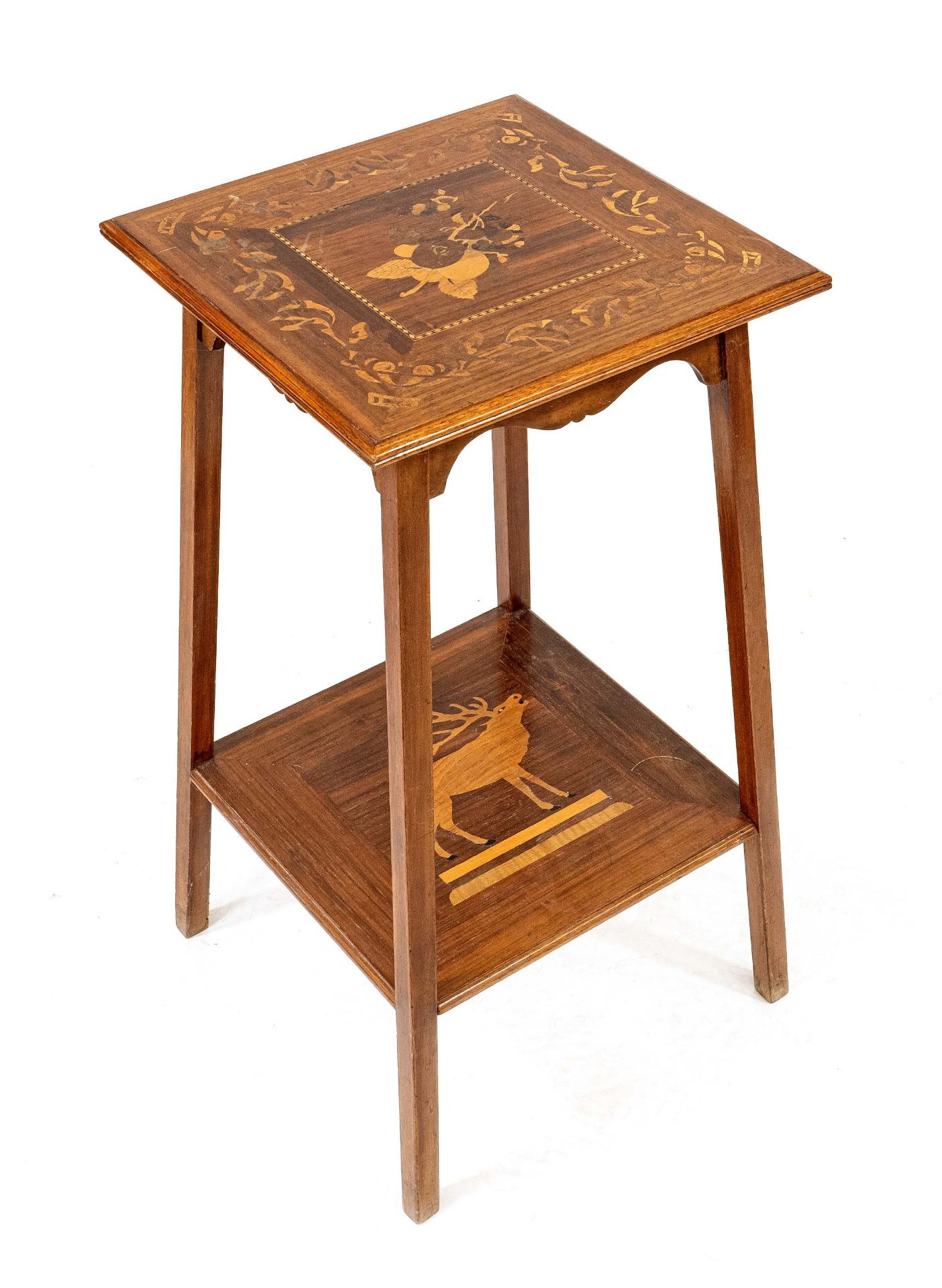 Conical side table circa 1920, walnut and other precious woods veneered and inlaid, depiction of a