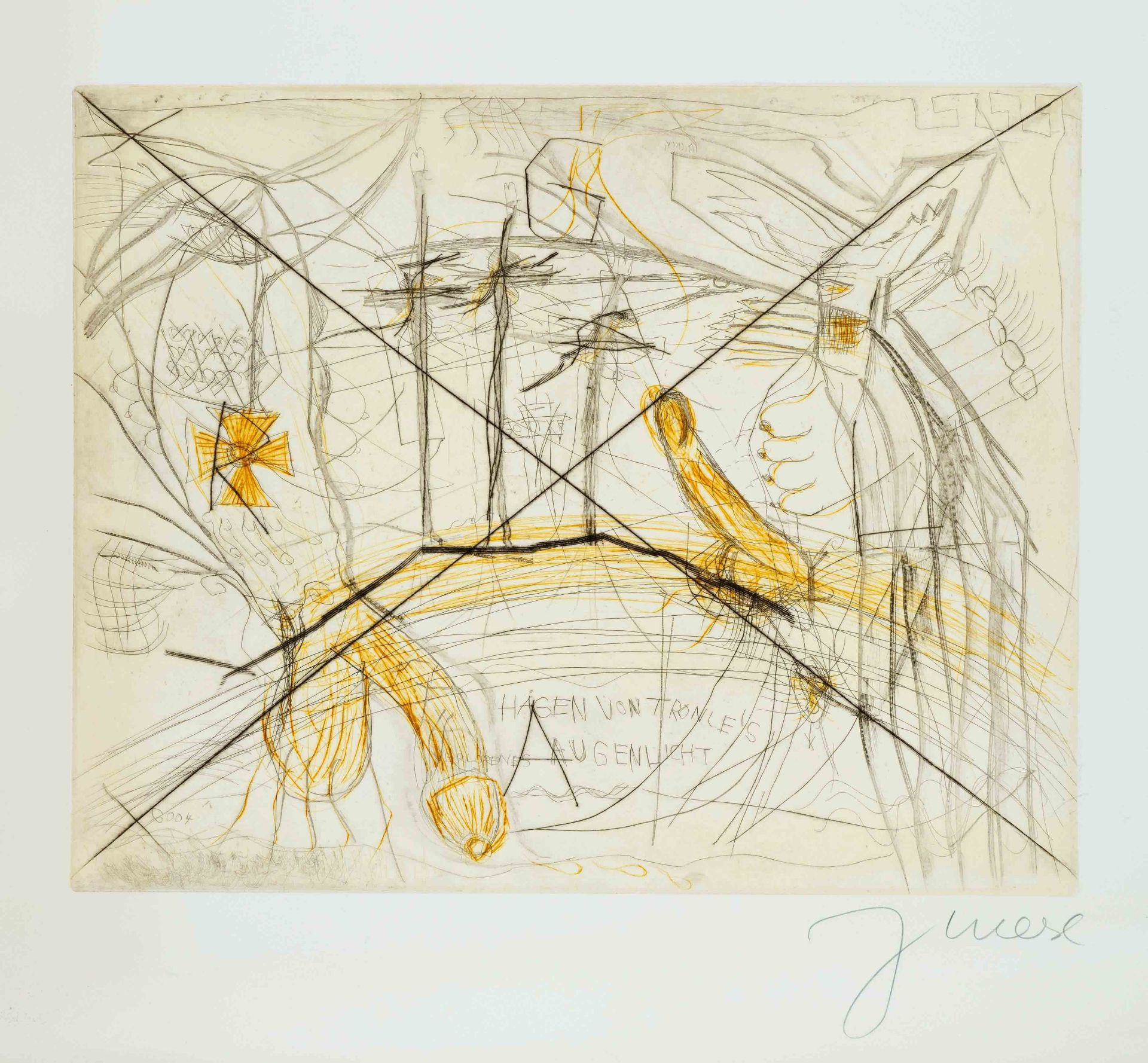 Jonathan Meese (*1970), ''Hagen von Tronjes verlorenes Augenlicht'', color etching on laid paper,