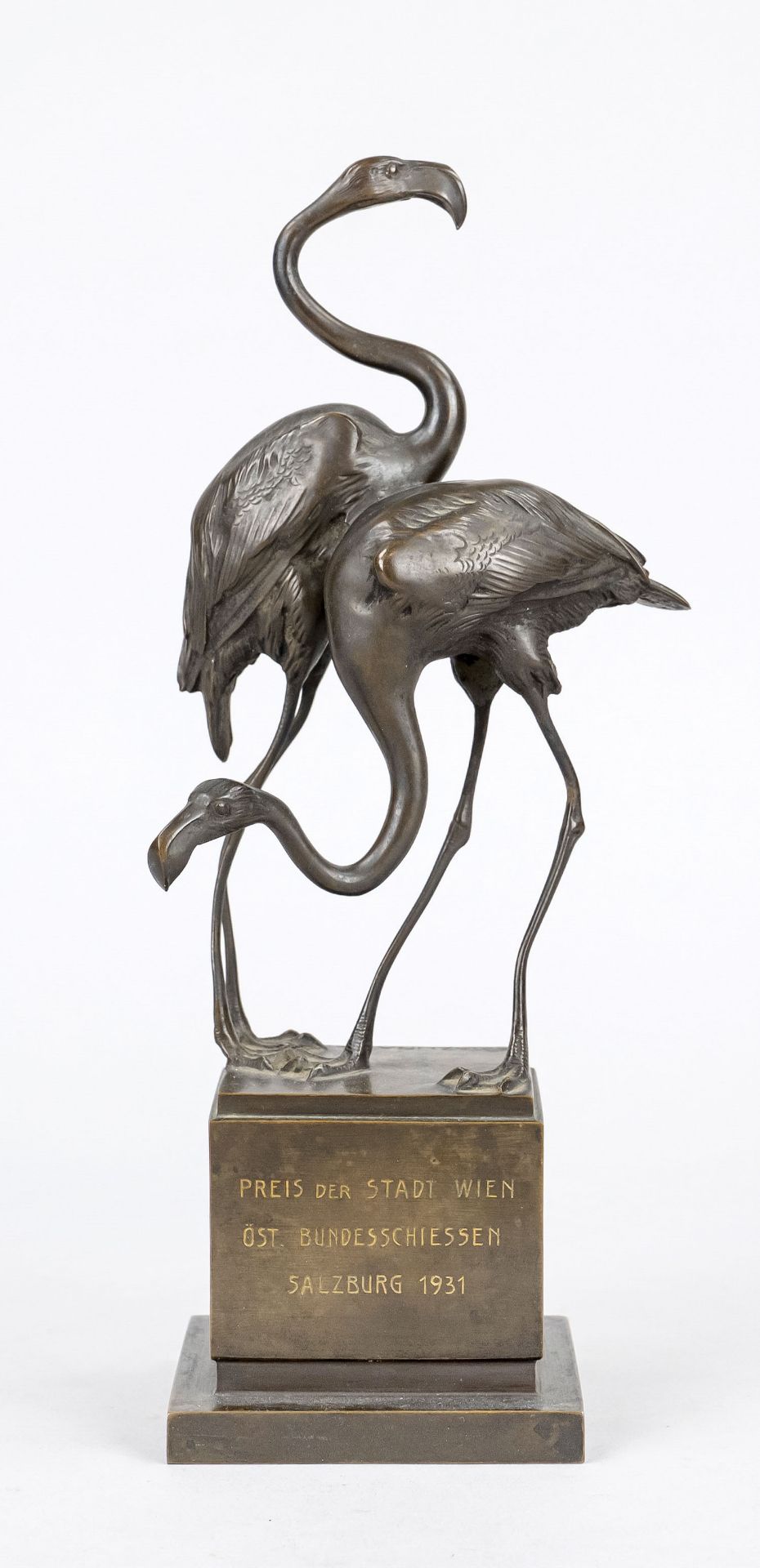 Franz MAzura, German sculptor c. 1920, two flamingos, dark patinated bronze on bronze pedestal,