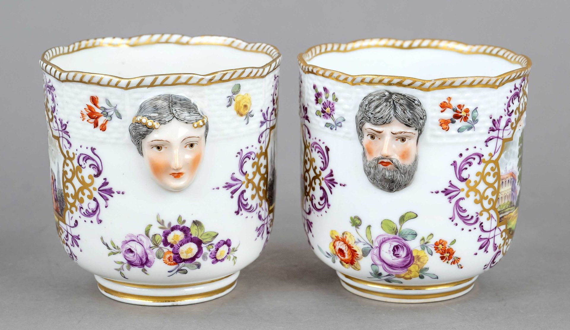 Pair of cachepots, Meissen, Marcolini mark 1774-1814, 1st choice, side handles in the shape of - Image 3 of 3